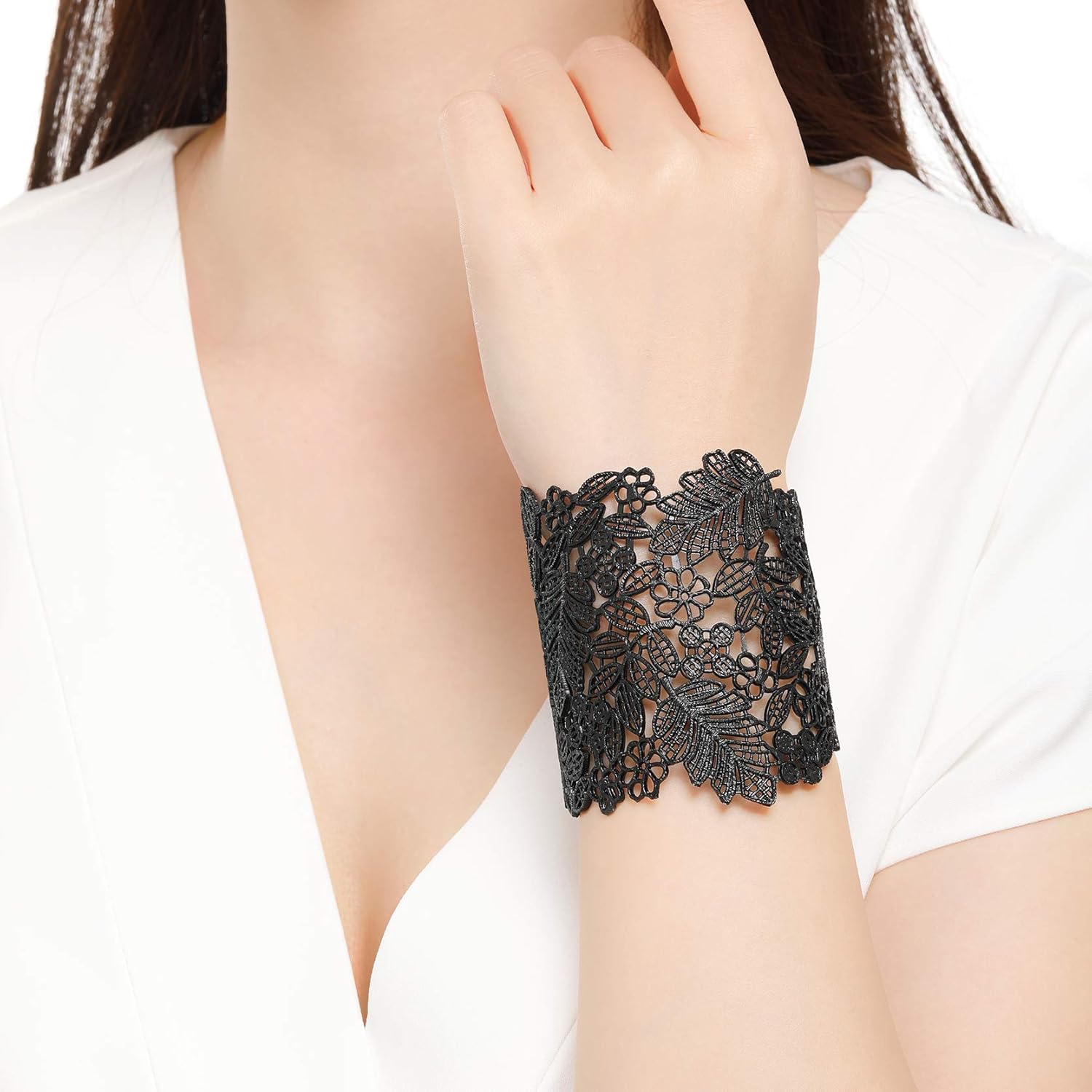 Miniatura 5 de Rhinelife Pulsera de encaje con diseño de hojas de flores estilo bohemio estilo vintage abierta ancha para mujer