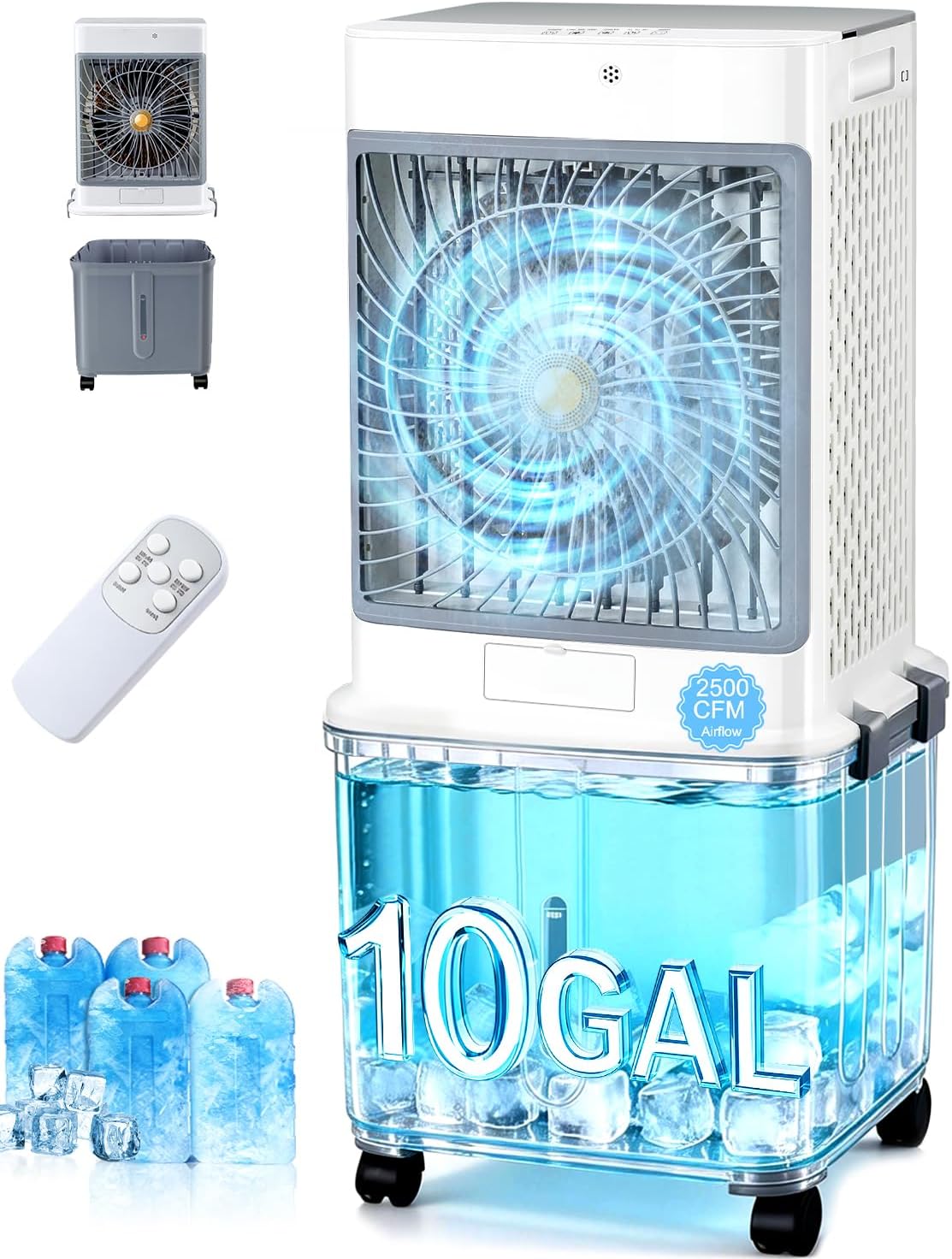 Swamp Cooler,Evaporative Air Cooler 2026 Upgraded Windowless Portable Air Conditioners with 10GAL Detachable Tank,120° Oscillation,Ultra Quiet,Timer,Remote,30H Cooling Fan for Bedroom Apartment Garage