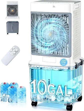 Evaporative Air Cooler 2026 Upgraded Portable Windowless Cooler with 10GAL Tank, 120° Oscillation, Quiet Operation, Timer, Remote, 30H Cooling