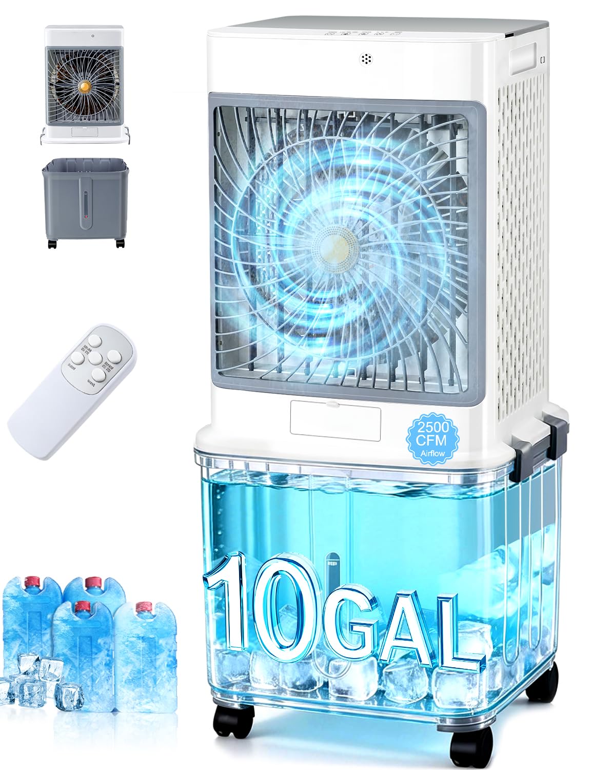 Swamp Cooler Evaporative Air Cooler 2026 Upgraded Windowless Portable Air Conditioners with 10GAL Detachable Tank 120 Oscillation Ultra