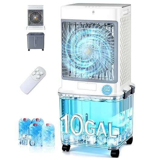 Swamp Cooler,Evaporative Air Cooler 2026 Upgraded Windowless Portable Air Conditioners with 10GAL Detachable Tank,120° Oscillation,Ultra Quiet,Timer,Remote,30H Cooling Fan for Bedroom Apartment Garage
