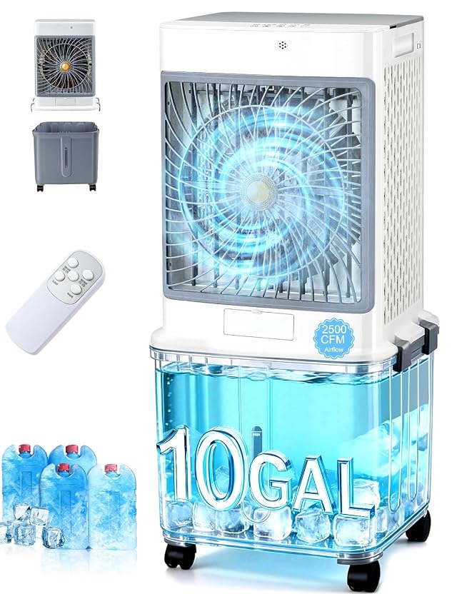 Swamp Cooler Evaporative Air Cooler 2026 Upgraded Windowless Portable Air Conditioners with 10GAL Detachable Tank 120 Oscillation Ultra