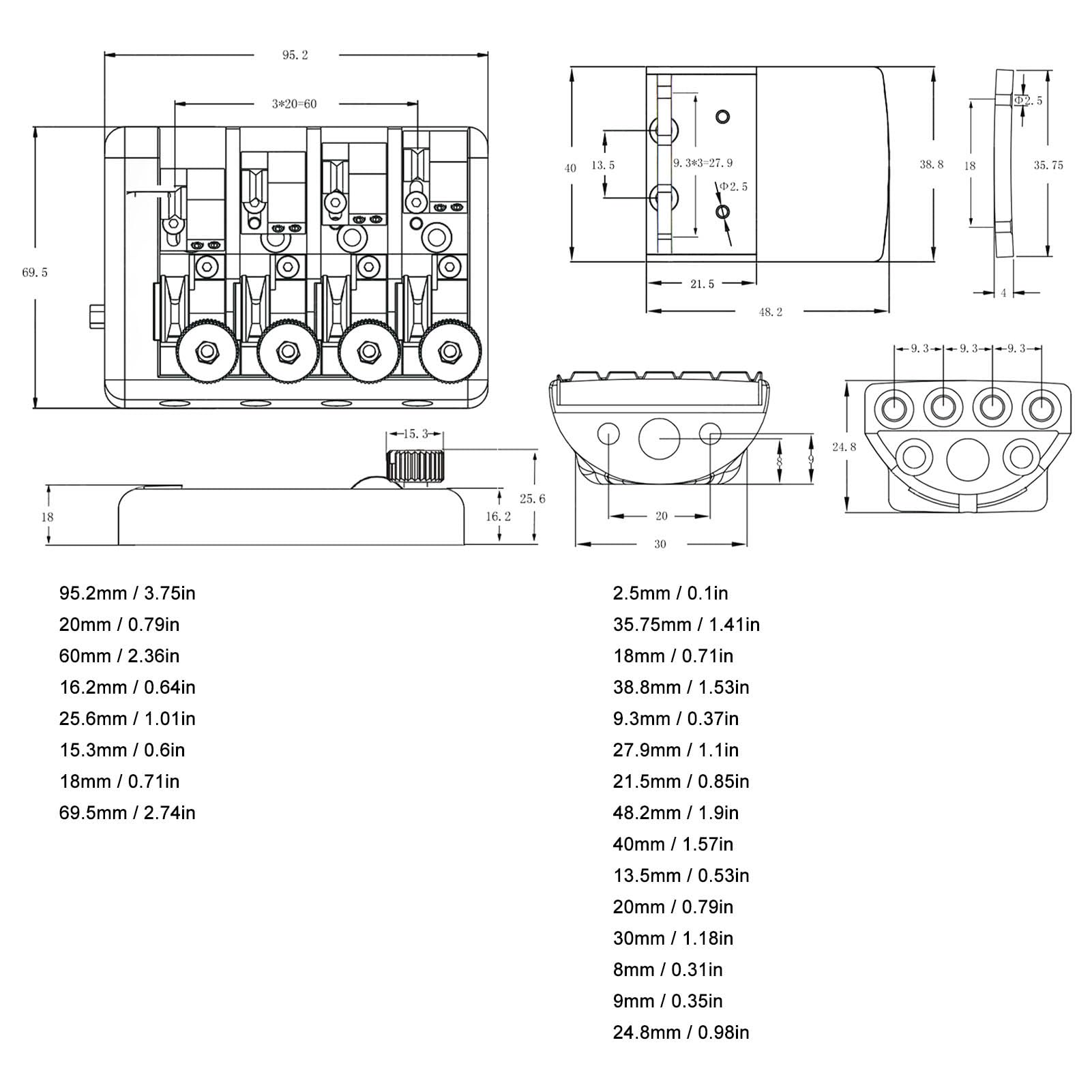 4 String Headless Electric Bass Bridge Zinc Alloy Brass Bridge Replacement with String Lock Headless Guitar Accessories (Black)