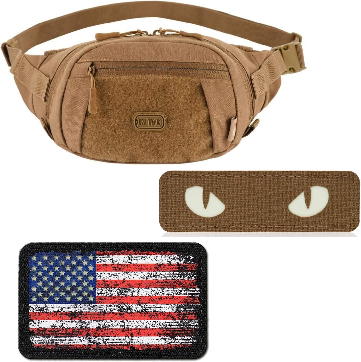 EDC Essentials Bundle: Small Companion Waist Pack, USA Flag Patch, Glow-in-the-Dark Cat Eyes