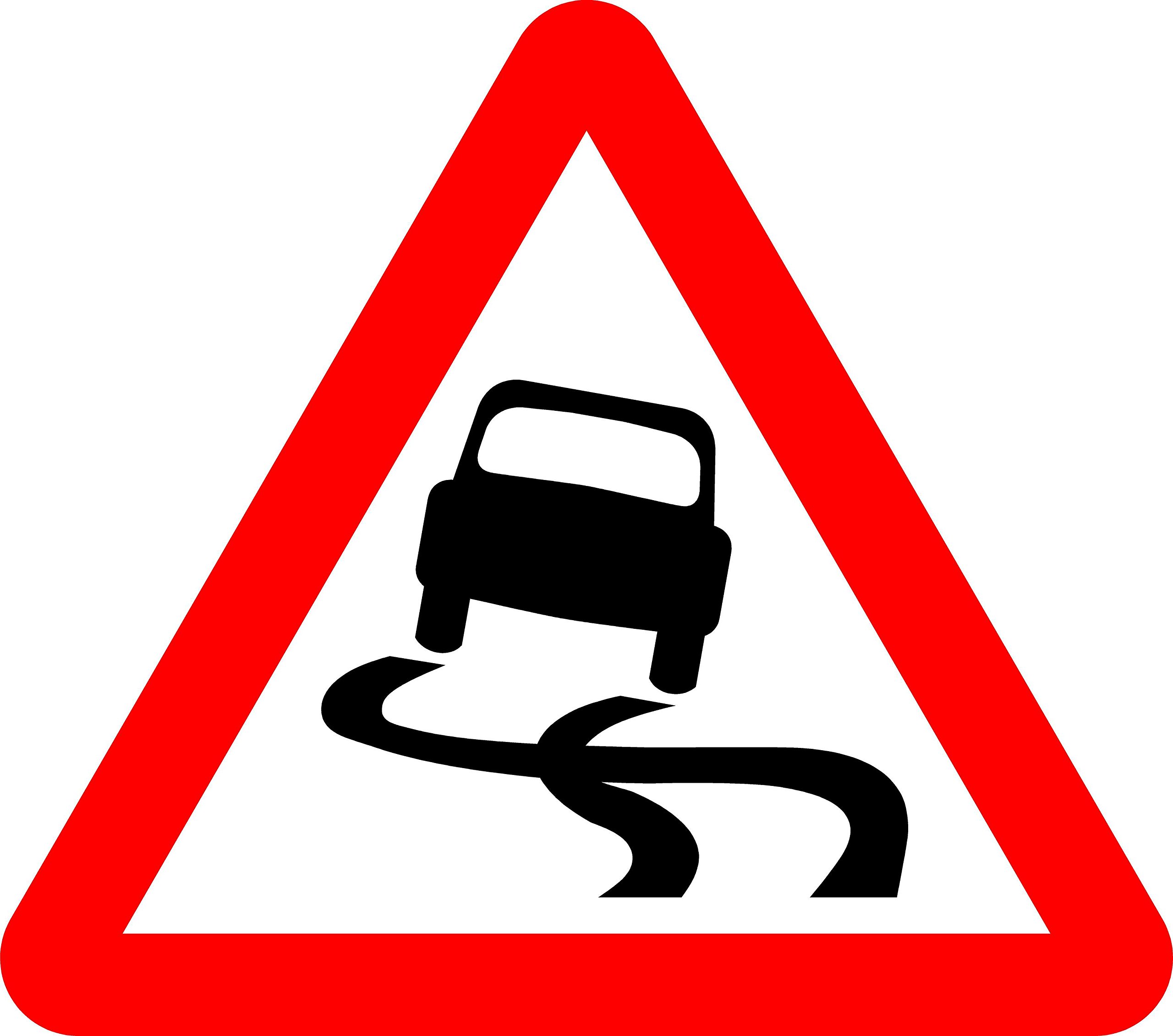 Slippery road Road safety sign - 3mm Aluminium sign fitted with 2 strips Channel to rear for mounting on post 300mm x 300mm