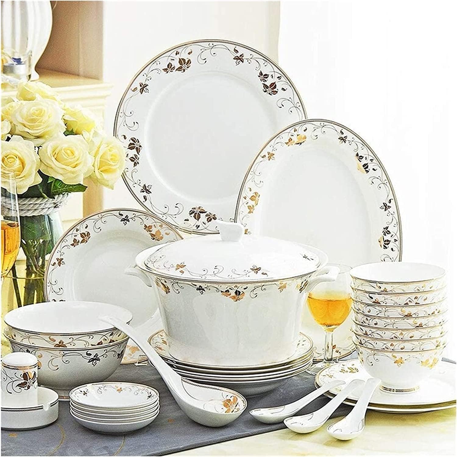 Dinnerware Set Dinner Party Tableware Service Set Ceramics Dinnerware Set with 50-Piece, Bowl/Soup Pot/Dish/Spoon|Bone China Dinner Sets, Golden Pattern Porcelain Combination Set