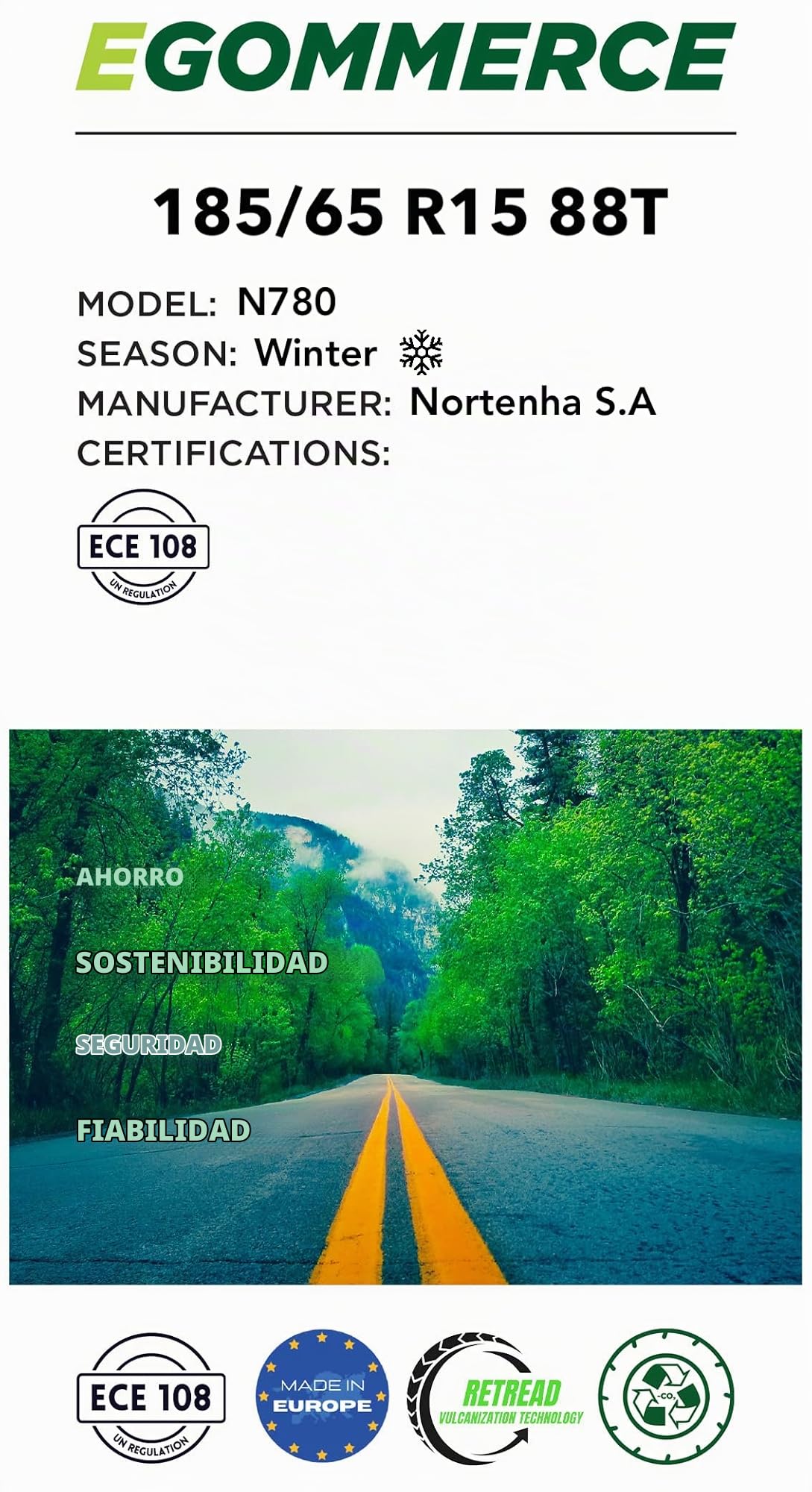 Nortenha - Pneu de Carro N780 185/65 R15 88T de Inverno Certificado M+S - Pneus de Marcas de Inverno para Carros - Pneu Ecologicamente Amigável com Garantia de 2 Anos