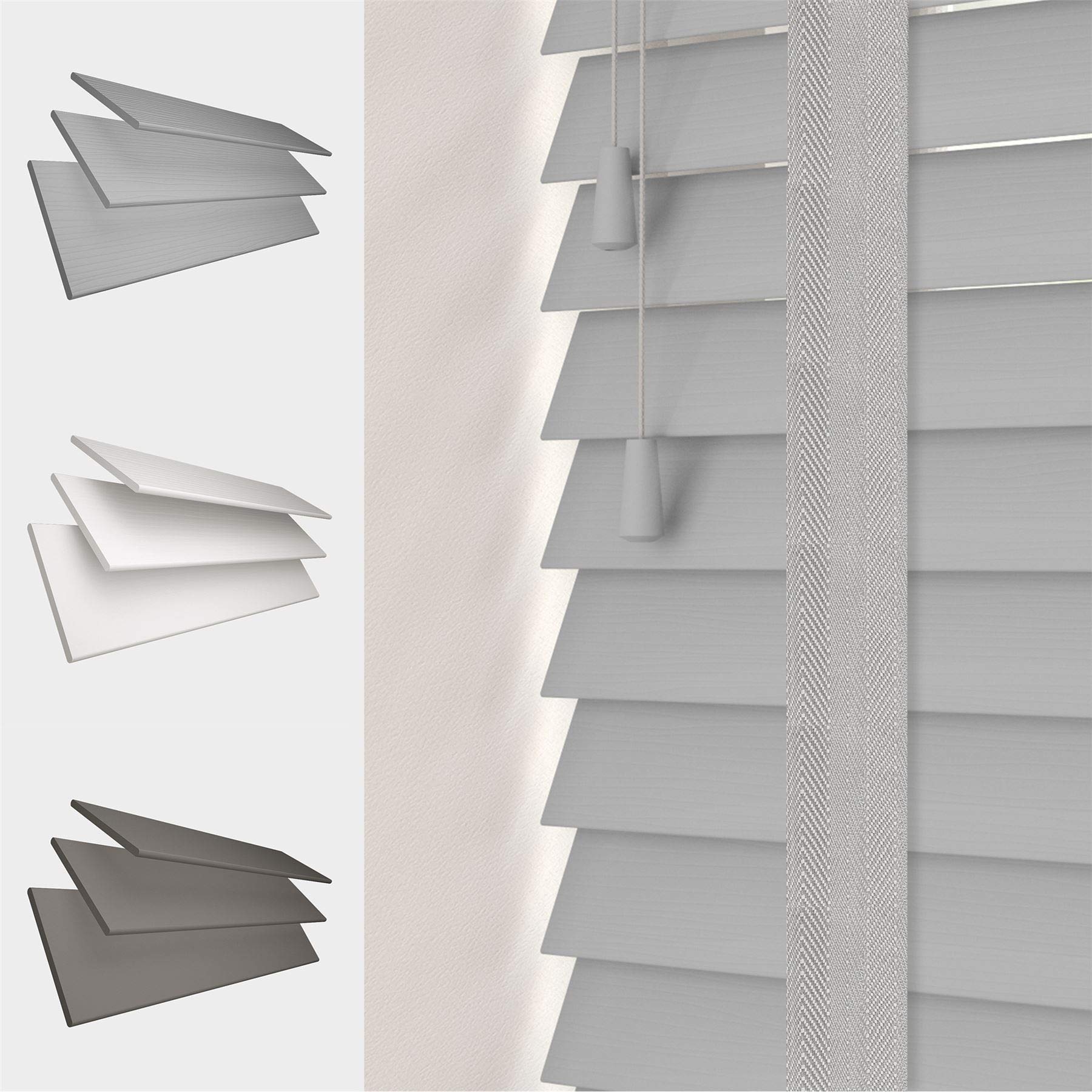 FAUX WOOD GRAIN VENETIAN BLINDS 50MM SLATS TRIMMABLE EASY FIT OFFICE HOME [Light Grey, 180cm Width x 120cm Drop, Tape]
