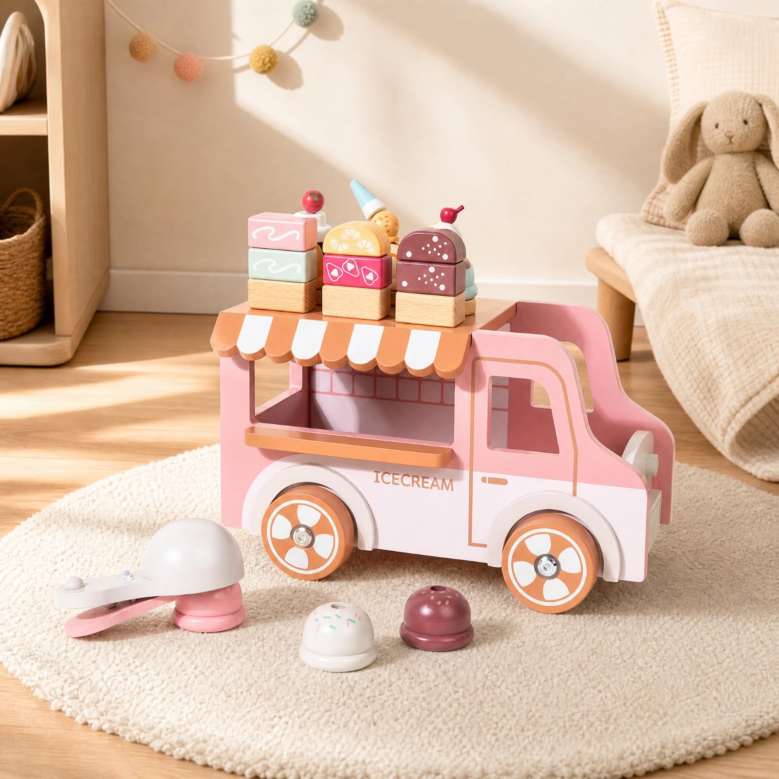 Gralara Carrello Giocattolo in Legno con Gelati E Servizio con E Ruote per Bambini Adatto per Gioco di Ruolo Interattivo E attività Creative in Cameretta.,
