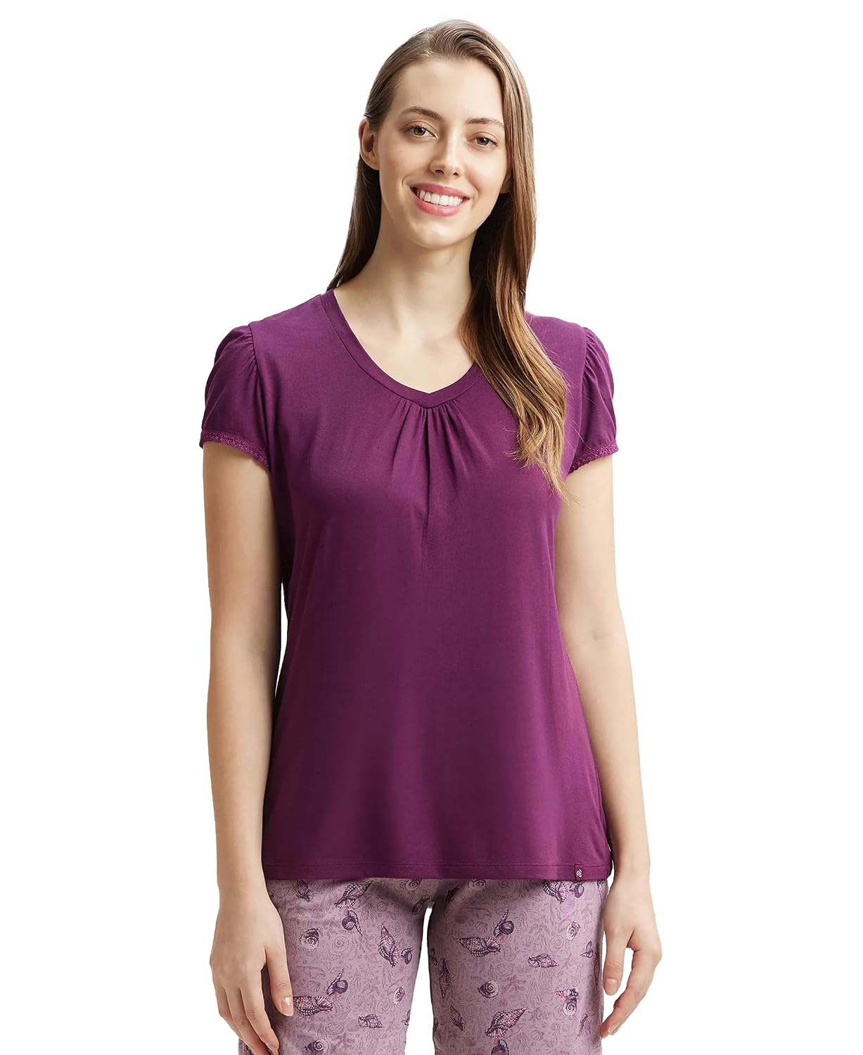 Jockey RX12 Women's Micro Modal Cotton Relaxed Fit Solid V Neck Half Sleeve T-Shirt with Lace Trim On Sleeves