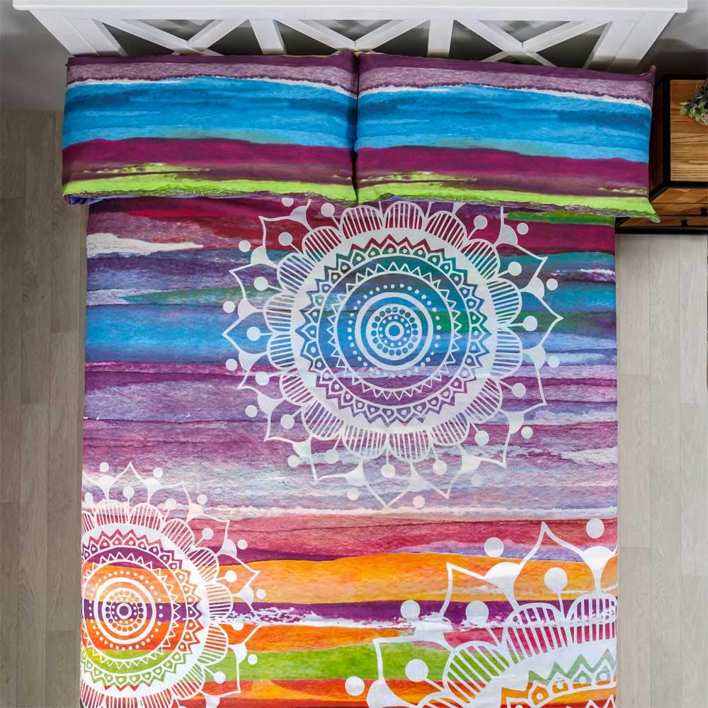 COTTON ARTean Juego de sábanas 150x190/200 poliéster-algodón MANDALA ACUARELA 4 piezas: Encimera, 2 Fundas Almohada, Bajera Ajustable