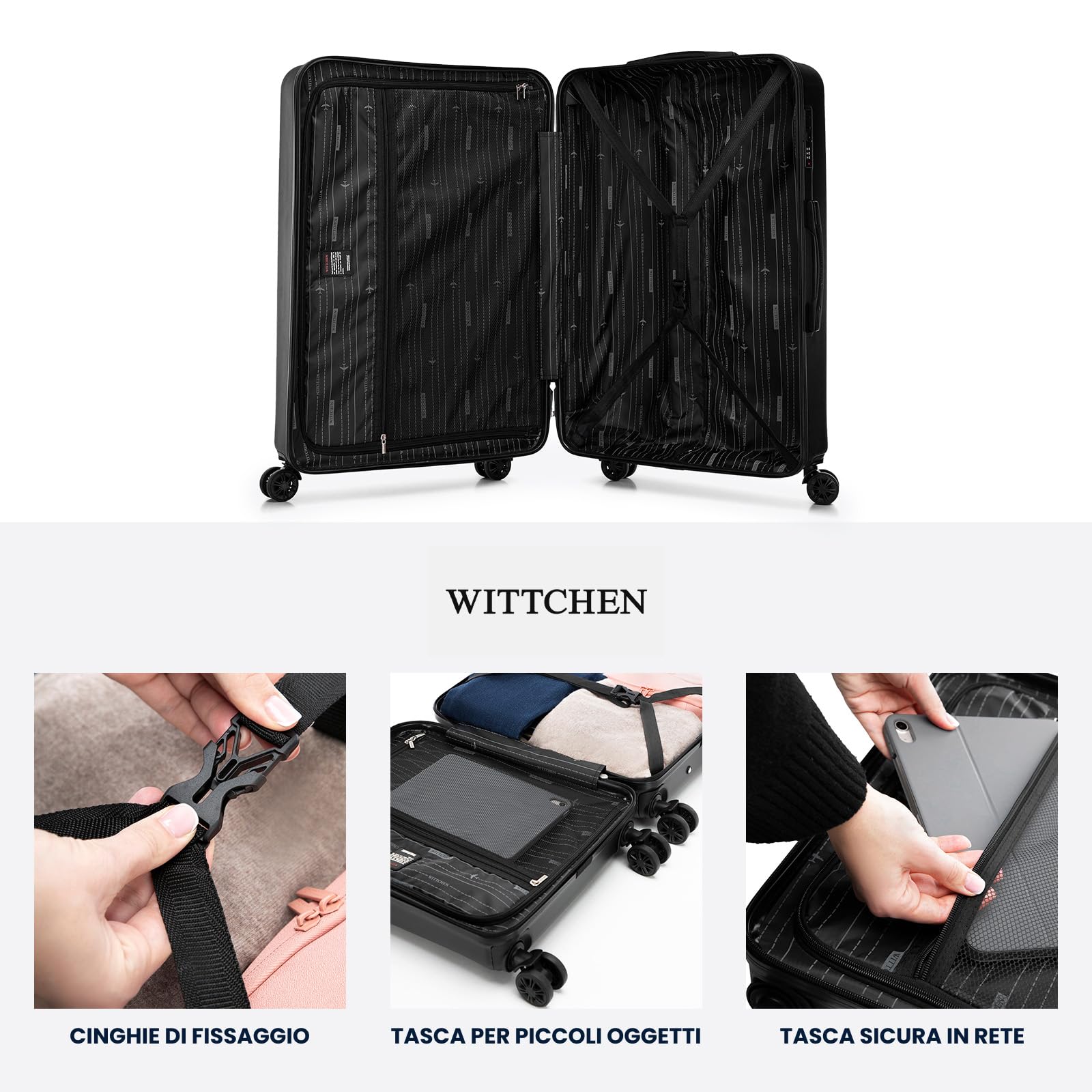 WITTCHEN Skyspeed Line Valigia grande Valigia rigida ABS Valigia grande Rolling Trolley Check-In Valigia da viaggio Serratura a combinazione Manico telescopico 4 Ruote Nero Ryanair/ITA Airways