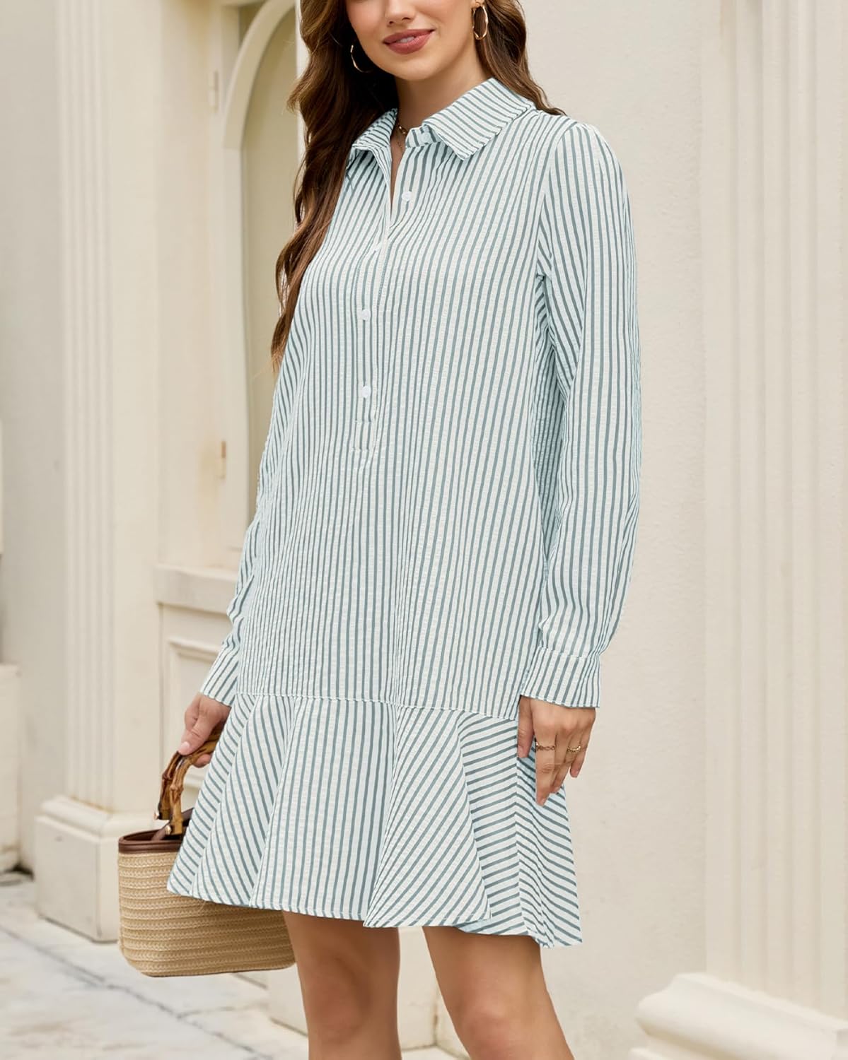 Womens Striped Shirt Mini Dress Long Sleeve Collared Button Up Flowy Ruffle Hem Swing Shift Tunic Dress - Image 4