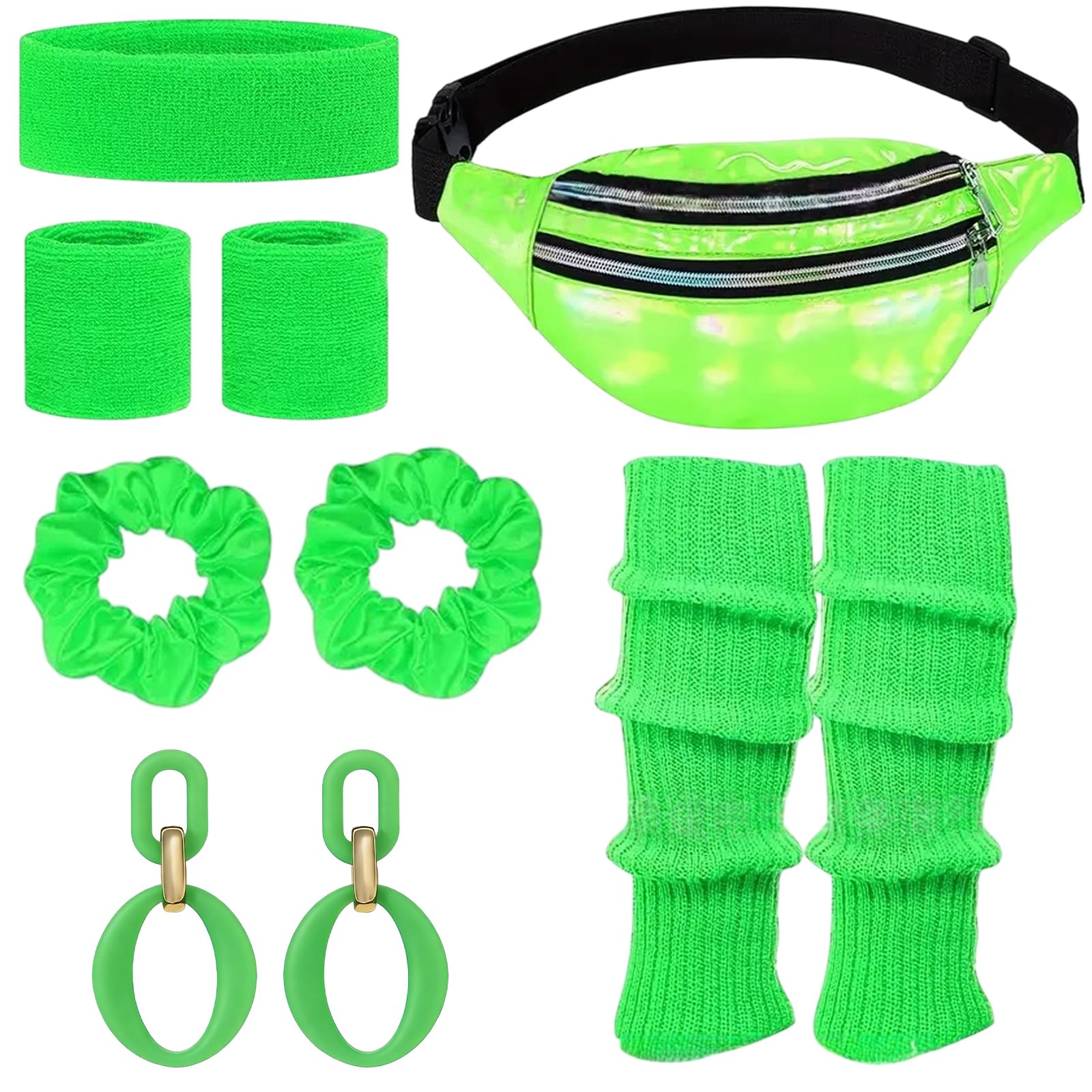80s Outfit Women's Retro Costume Clothing Accessories 80s 90s Clothing Costume Accessories Headband,Bracelets,Leg Warmers,Earrings,Belt Bag and Glasses for Carnival Neon Party (6, Green, One Size)