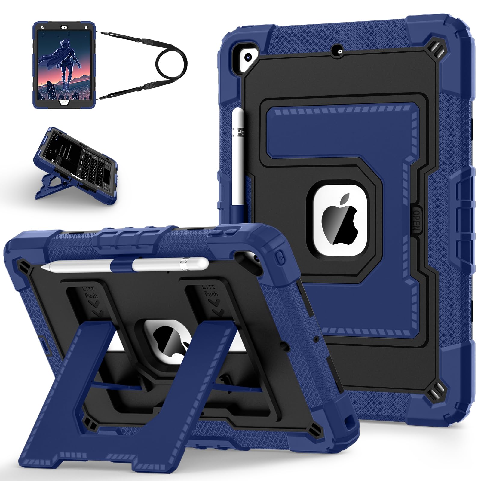 for iPad 9th/ 8th/ 7th Generation Case 10.2 Inch iPad Case 9th Generation with Pencil Holder,Heavy Duty Shockproof Cover for i Pad 10.2 Cases 2021/2020/ 2019,Navy Black