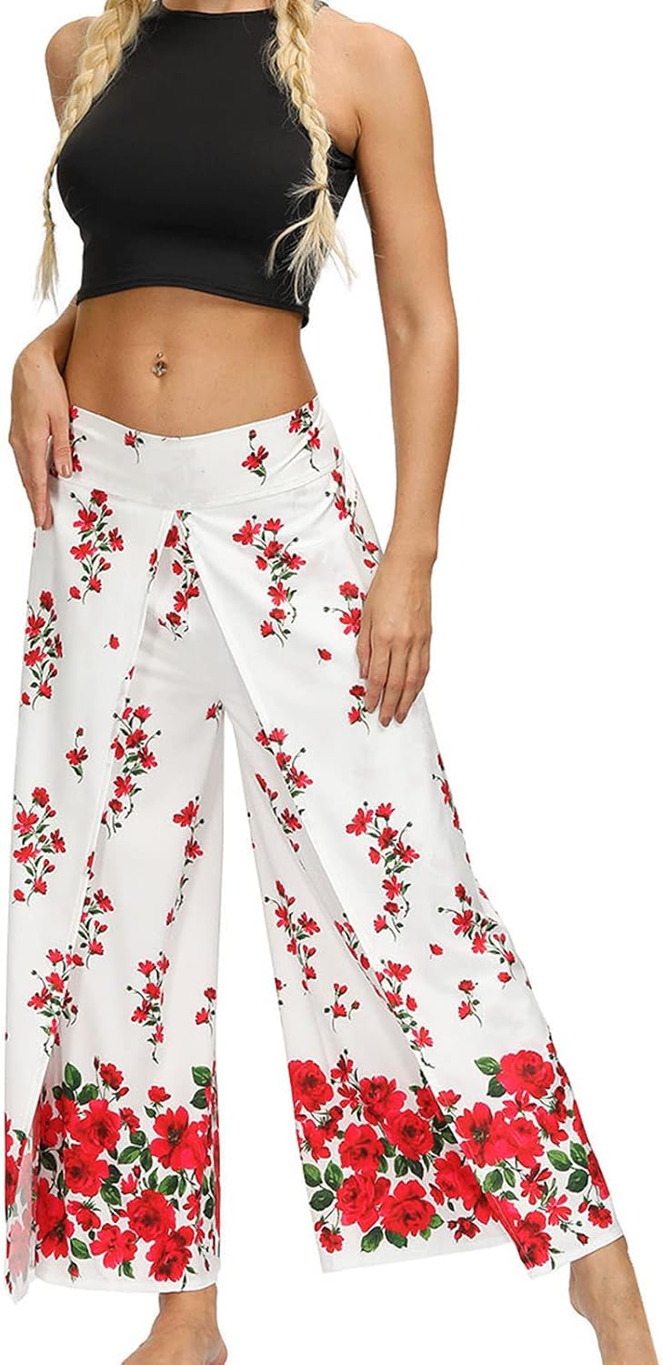 DGHM-JLMY Women Linen High Waist Loose Harem Pants Flared Bottom Wide Leg Palazzo Casual Floral Print Beach Boho Trousers