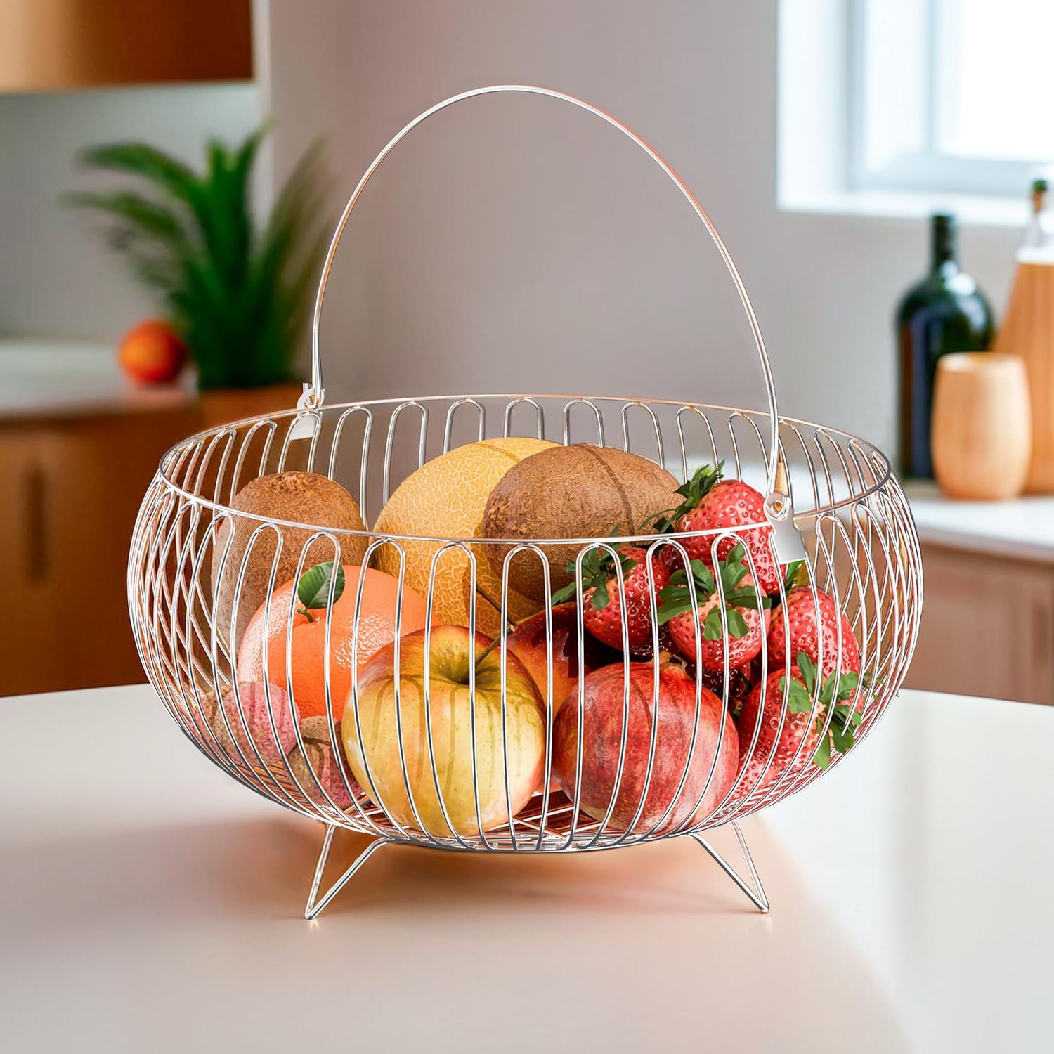 Hooks for Stainless Steel Fruits & Vegetable Stand for Dining Table with Handle | Garlic & Onion Tokri Basket for Kitchen | Countertop Aloo Pyaz Storage Basket Bowl | Silver