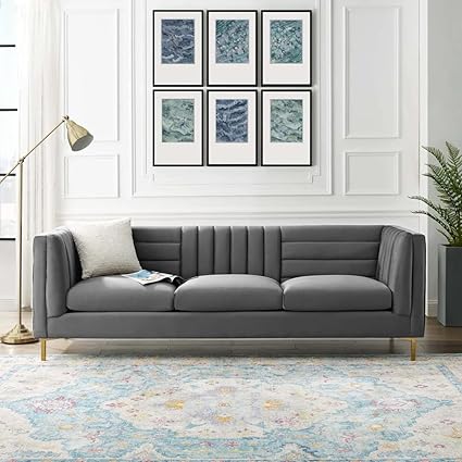 CASASTYLE Inganon Channel Tufted Performance 3 Seater Velvet Fabric Sofa Set(Grey)