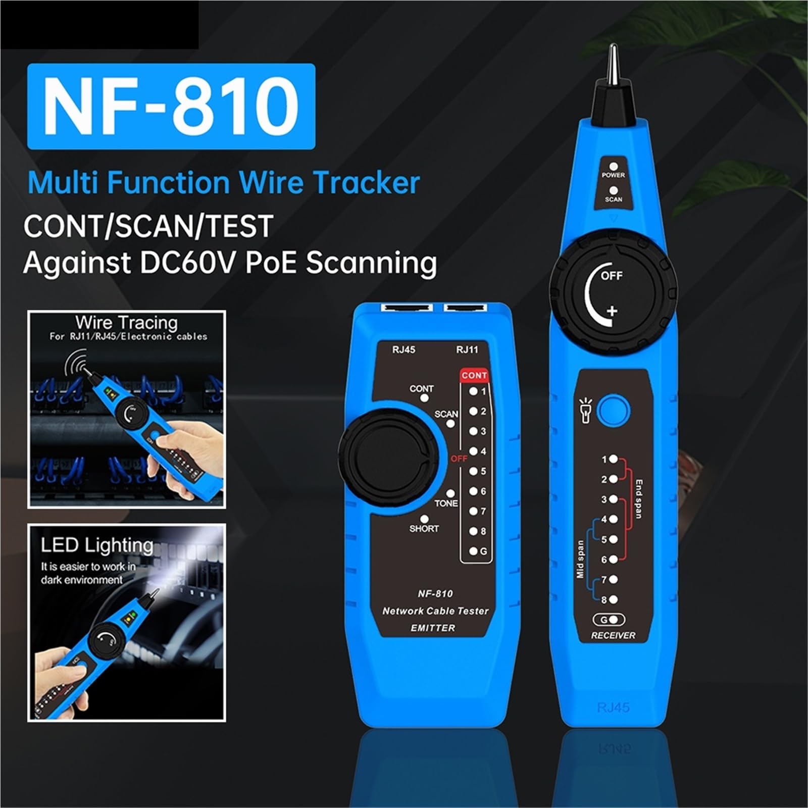 Tester kabli sieciowych, Tester Kabli Sieciowych, Detektor, RJ11, RJ45, Cat5, Cat6, Telefoniczny, Linie LAN, dla kabla sieciowego
