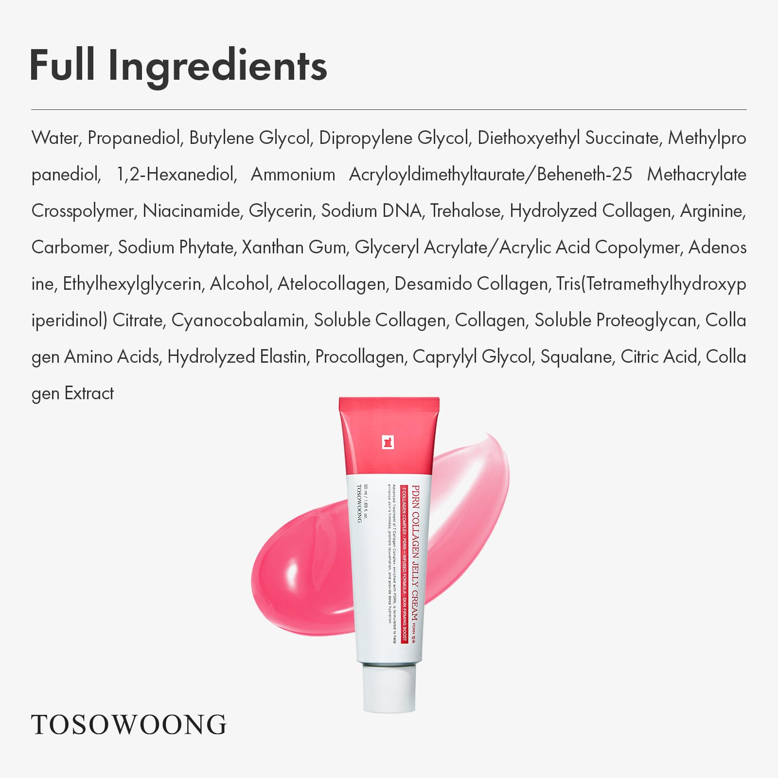 TOSOWOONG Crema Jelly PDRN y Colágeno, Reafirmante, Tono Desigual, Glow | 5.000ppm PDRN de ADN de salmón, Niacinamida, colágeno hidrolizado, hidratante, sin colorantes, K-Beauty, 50 ml