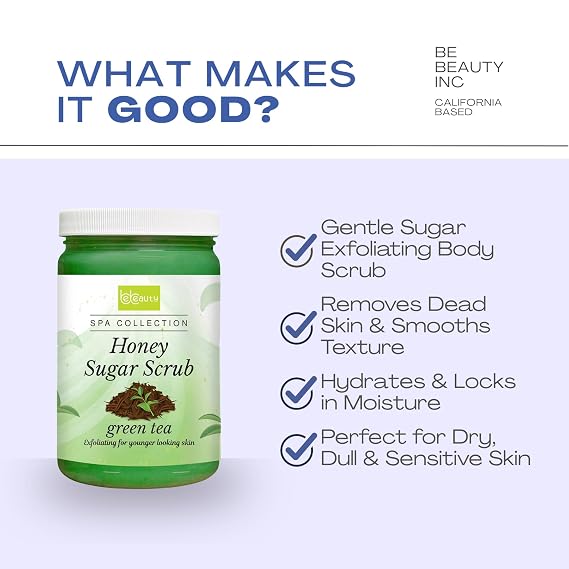 Green Tea Honey Sugar Body Scrub Gentle Exfoliating Sugar Scrub with Hydrating Honey for Smooth, Revitalized Skin by BeBeauty 32 oz