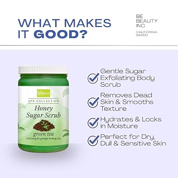 Green Tea Honey Sugar Body Scrub Gentle Exfoliating Sugar Scrub with Hydrating Honey for Smooth, Revitalized Skin by BeBeauty 32 oz