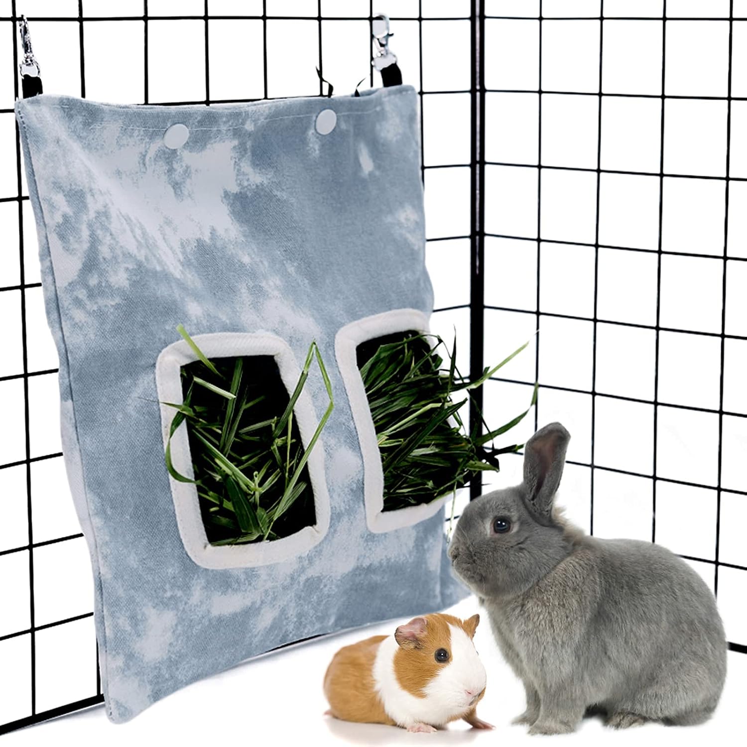 LeerKing Rabbit Hay Feeder Bag, Hanging Canvas Hay Feeder Guinea Pig with Clips, Hay Holder Bag for Rabbits Bunny Guinea Pig and Other…