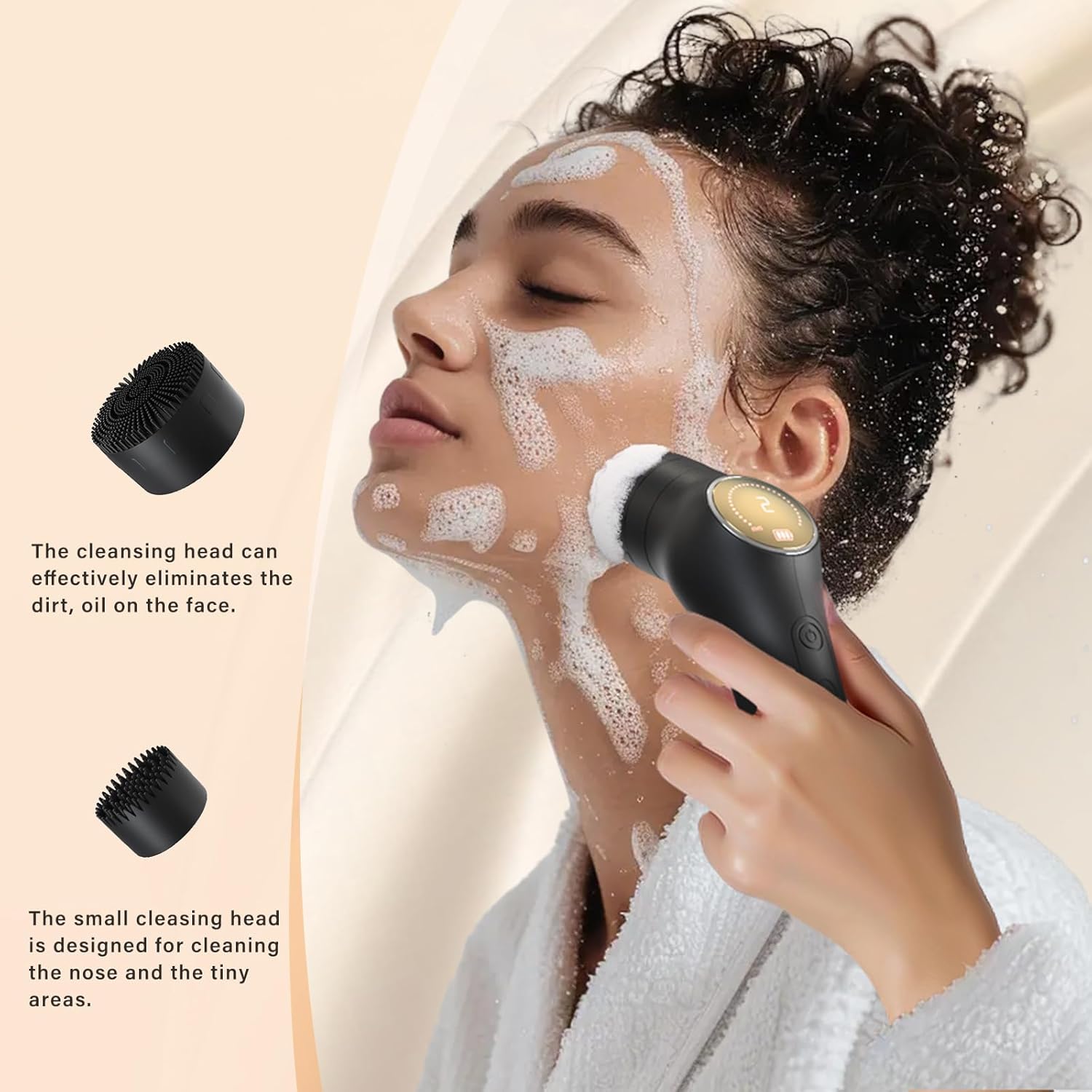 Woman using the cleansing brush head on her face with foam