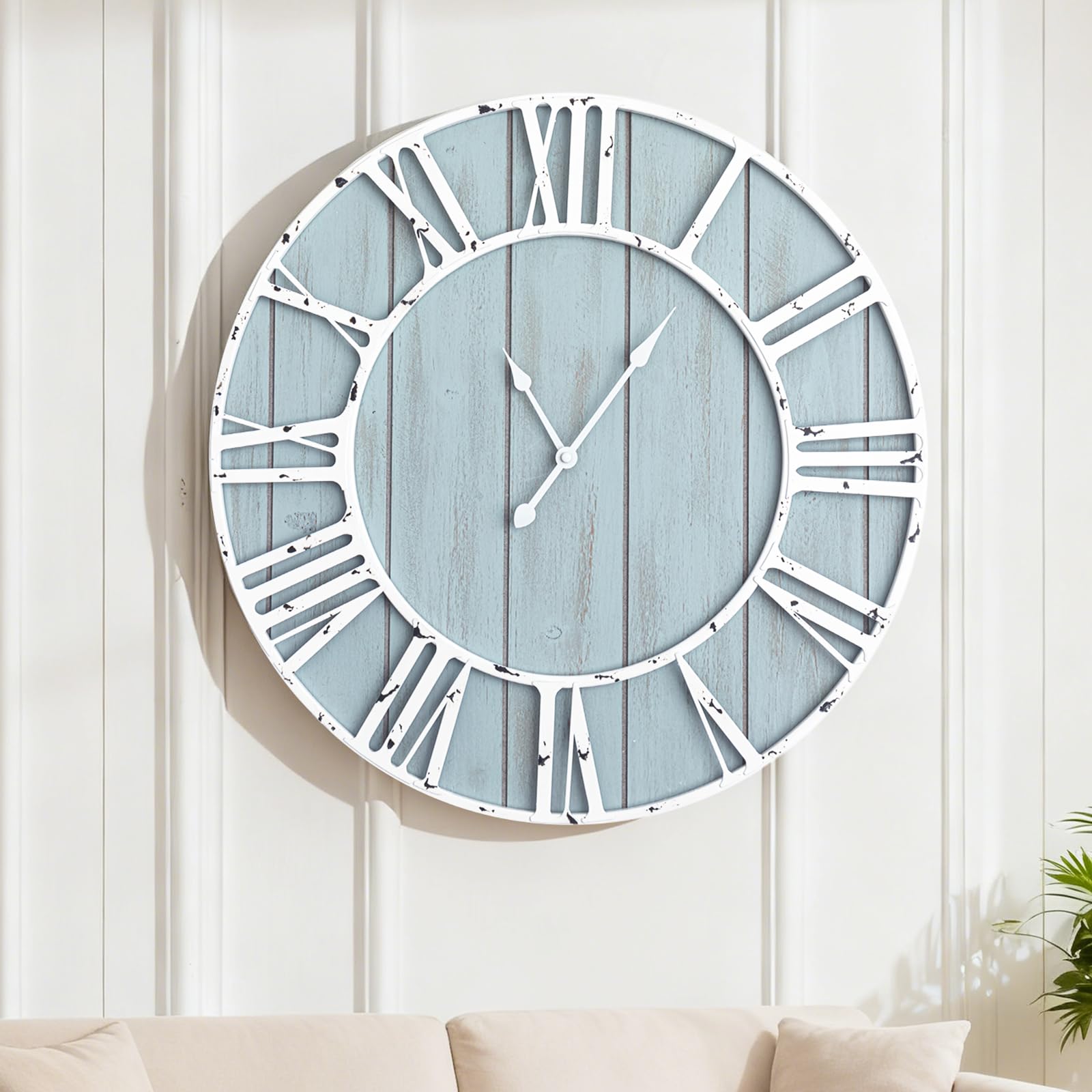 Quelay 20 Inch Large Coastal Wall Clock, Blue Farmhouse Clock
