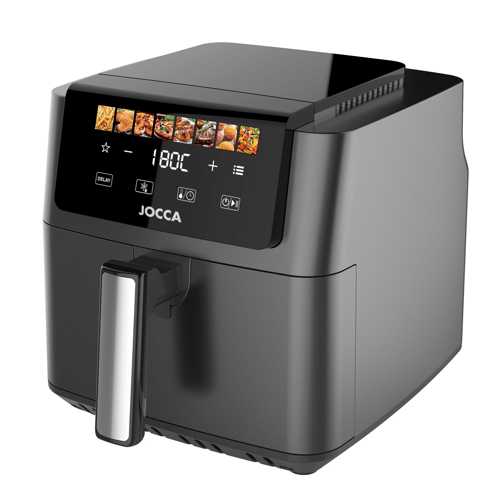 JOCCA - Freidora de Aire 6.5L 1700W con Pantalla Táctil, 8 Programas, Control de Temperatura 40-200°C, Air Fryer sin Aceite, Cavidad Metálica, Mango Desmontable, Negro