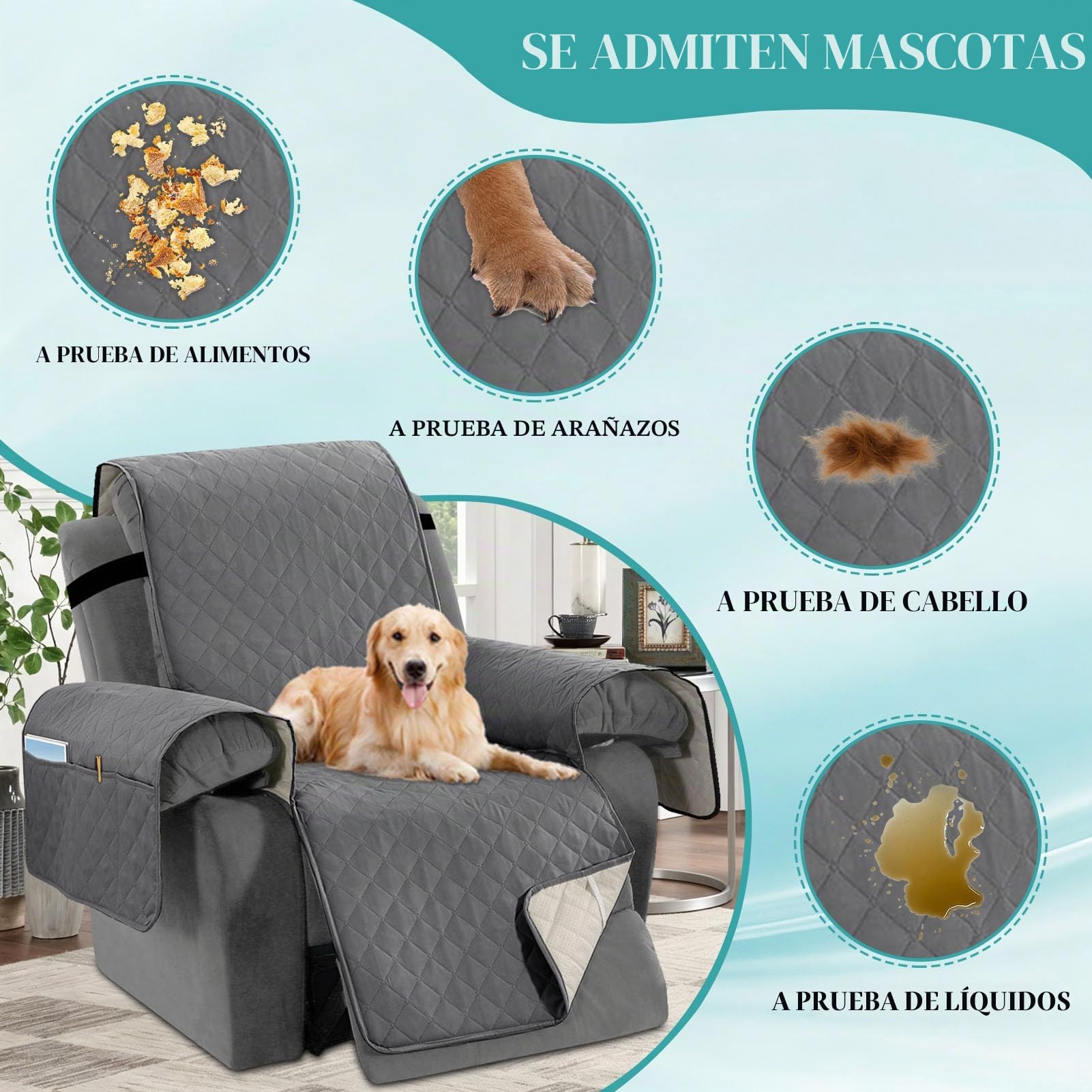 Funda para Sofá Reclinable Impermeable 1/2/3 Plazas, Cubresofás Antideslizantes con Bolsillo, Protector Lavable para Muebles Reclinables Ideal para Perros, Niños (Gris,3 Plazas)