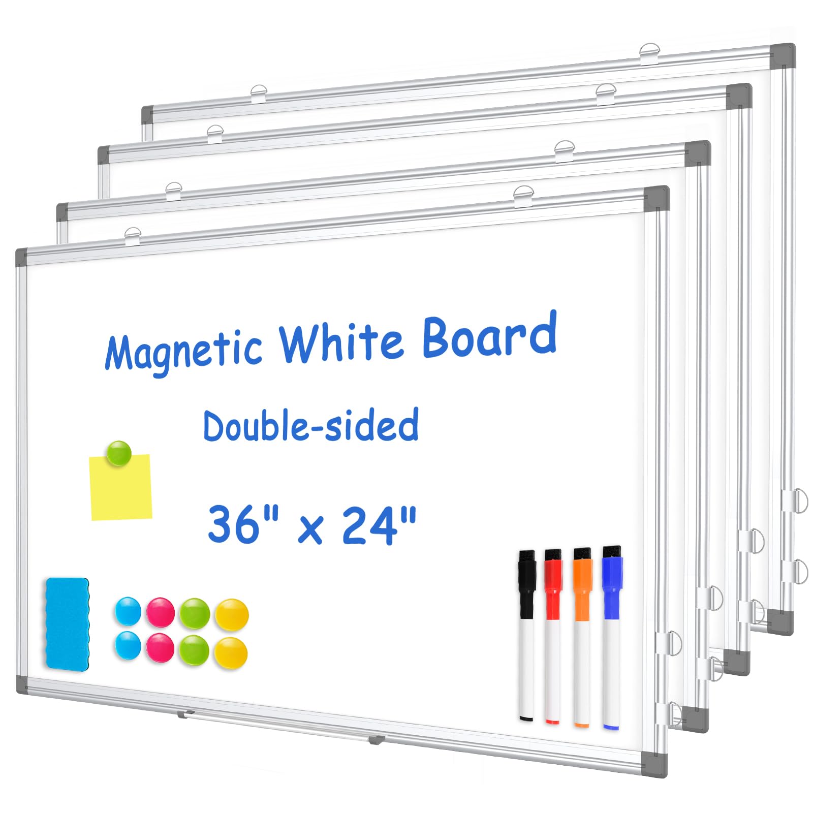 WALGLASS 4 Pack White Board, 36" x 24" Double-Sided Dry Erase White Board for Wall, Hanging Mounted Whiteboard, Horizontal or Vertical Silver
