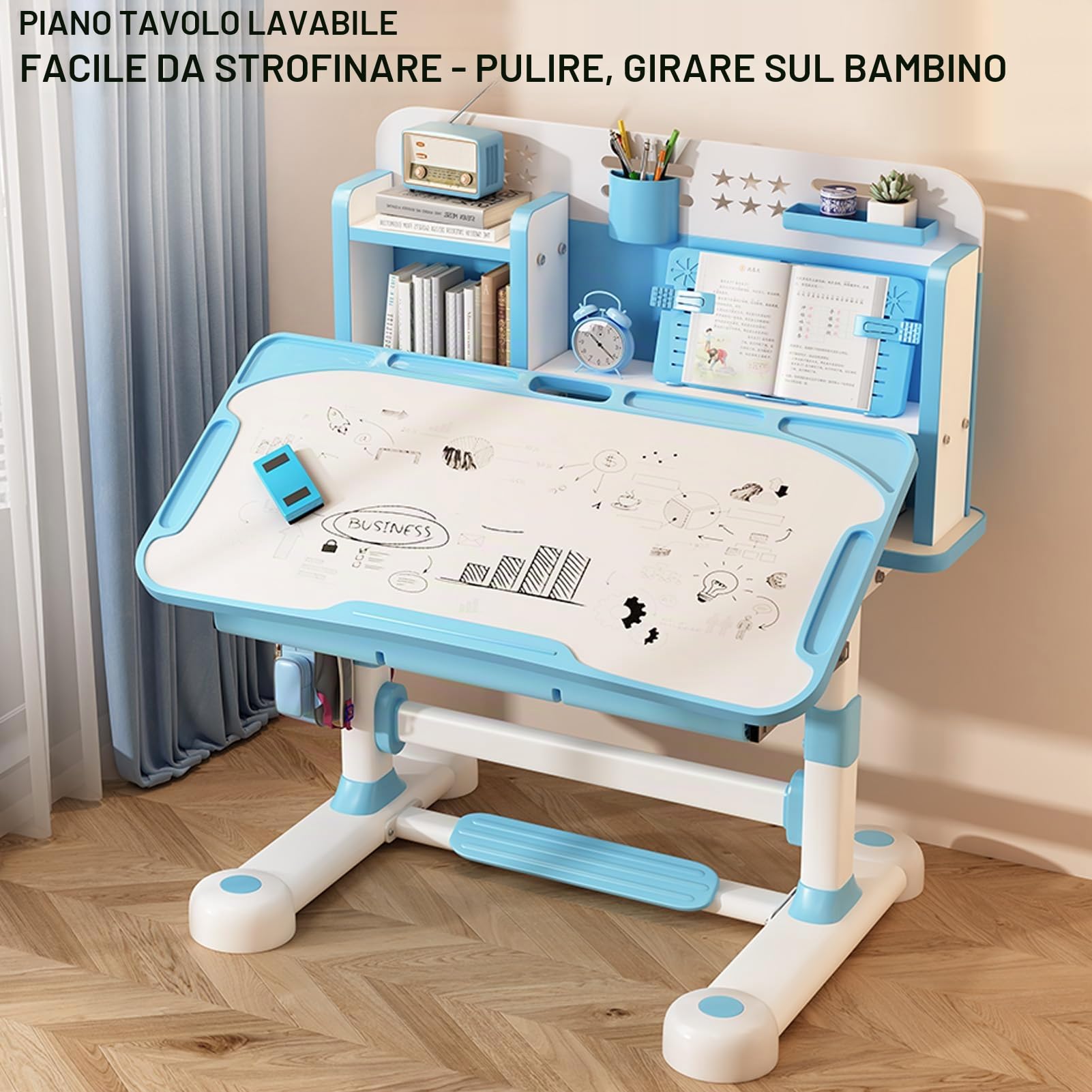 Set di scrivania e sedia per bambini, design con altezza regolabile, scrivania da studio ergonomica con sedia, scrivania per l'apprendimento con cassetto di stoccaggio, supporto per libri