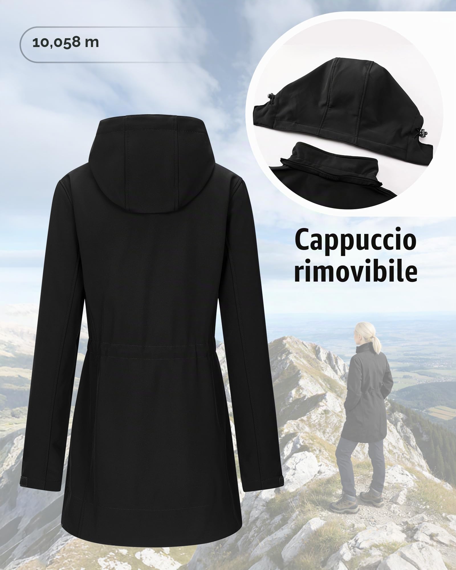 33,000ft Giacca softshell da donna, lunga per le mezze stagioni, impermeabile, antivento, traspirante, con cappuccio rimovibile, Nero , XL