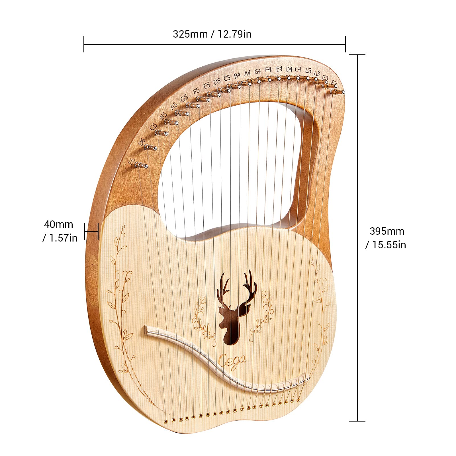 YIWENG Cega 21 Metallsaiten Lyre Harp Box Lyre Harfe Fichte Topboard Mahagoni Backboard Saiteninstrument mit Stimmschlüssel Saiten Plektren Musiknotenaufkleber,Leierharfe mit Stimmschlüssel