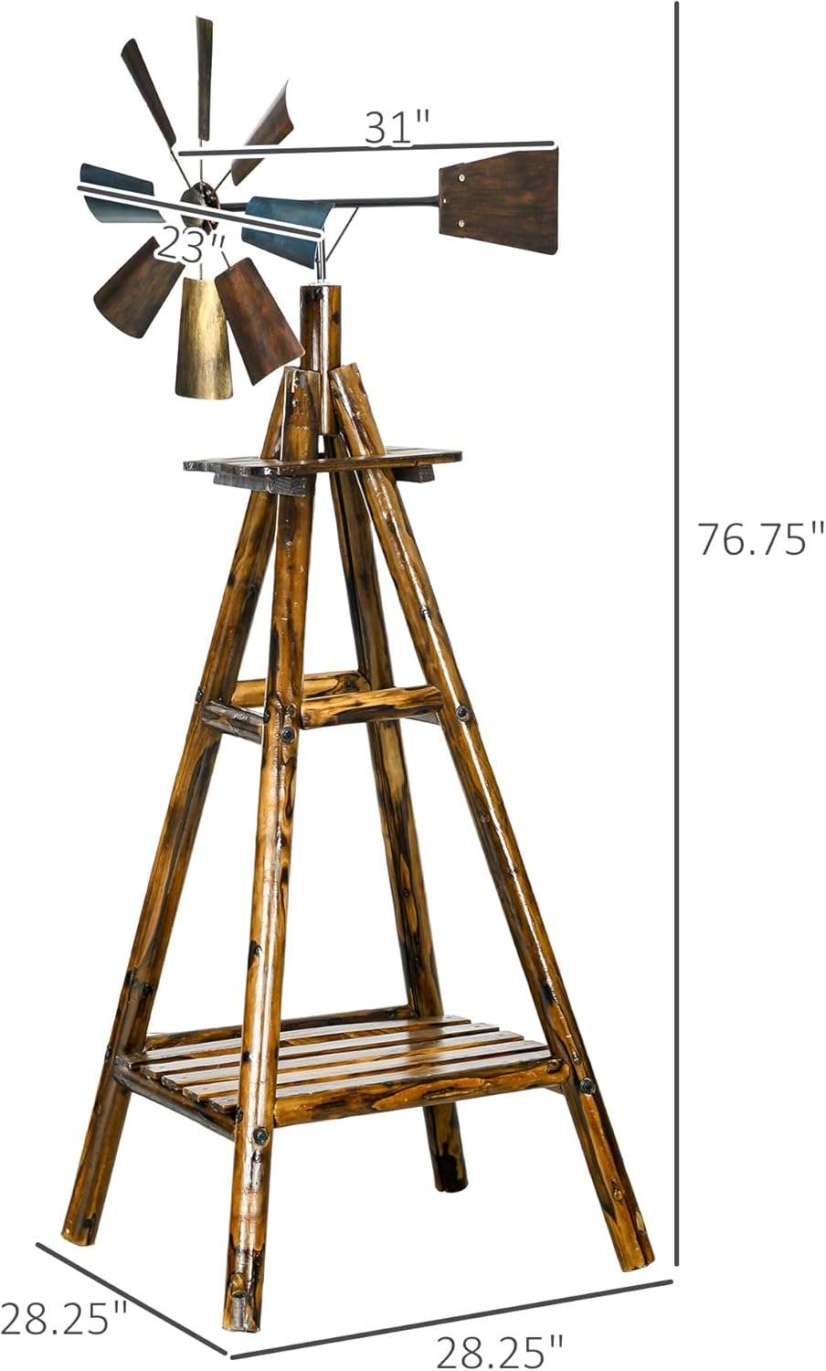 Outsunny Windmill Weathervane with Bottom Shelf, Freestanding Weather Vane with Windmill Head, Stained Wood