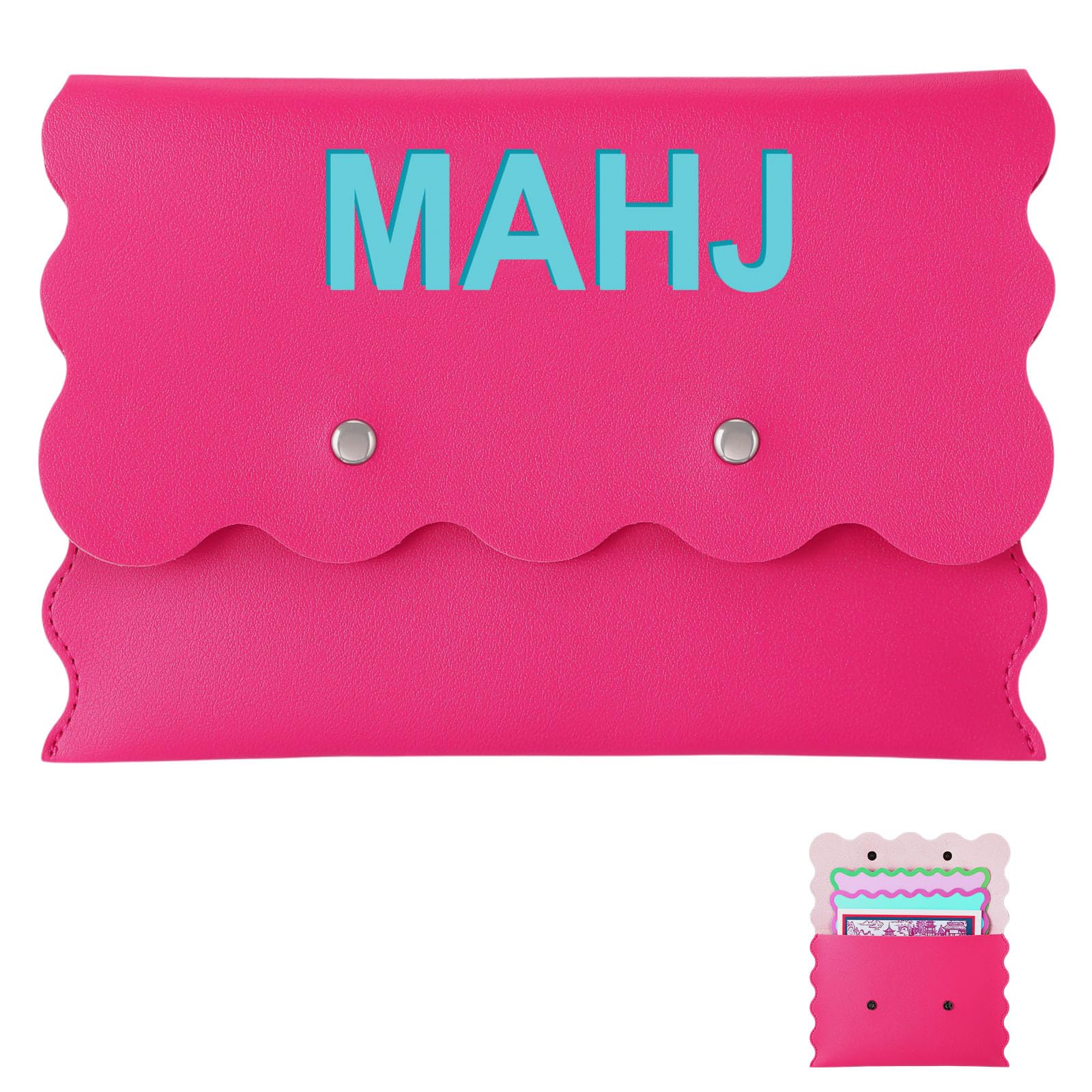SilTriangle Leather Mahjong Card Holder Gift, Hot Pink, 8x6 Inch, Scalloped