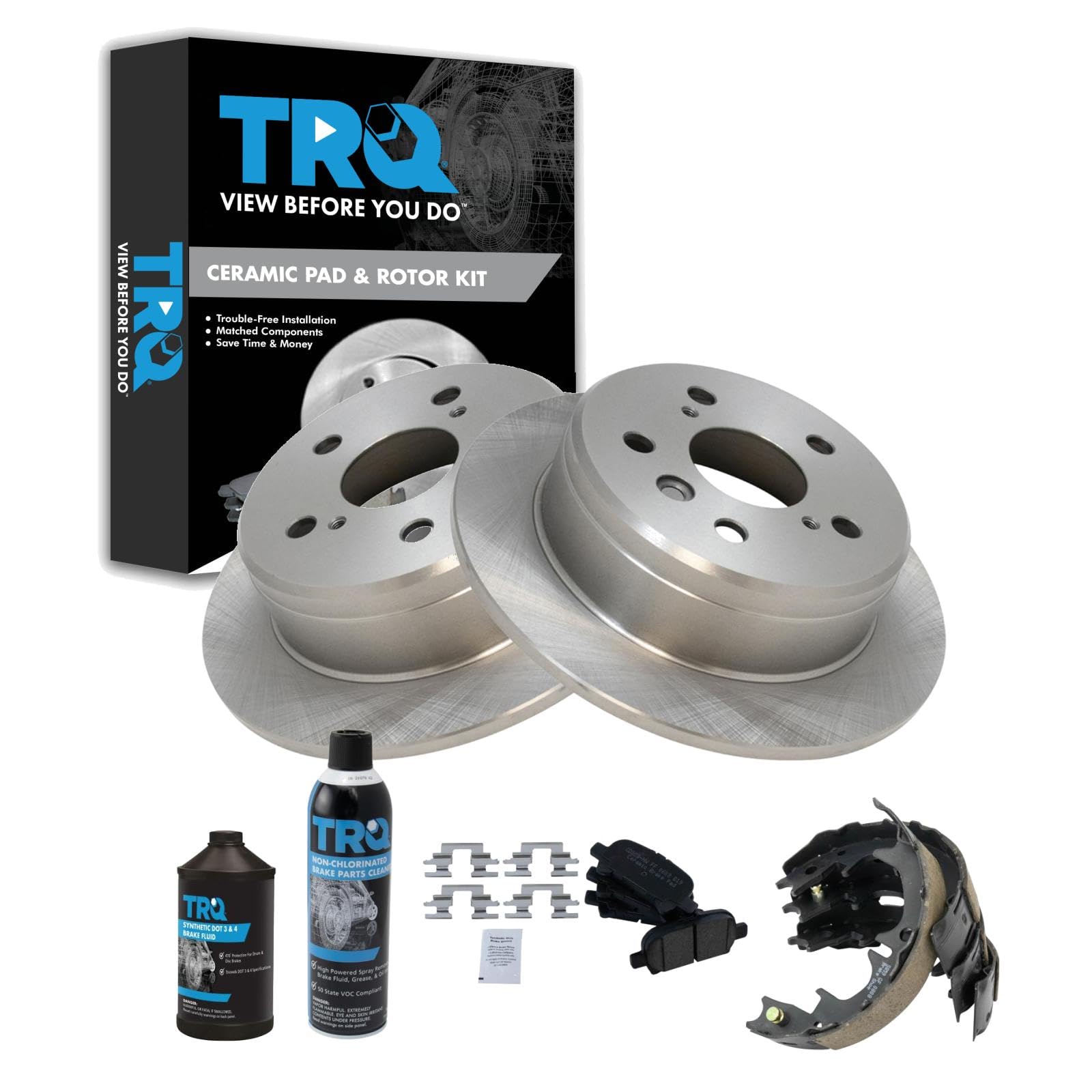TRQ Rear Brake Pad &amp; Rotor Kit, with Chemical Kit Parking Brake Shoe Set Ceramic Compatible with 2000-2001 Toyota Camry 1999-2003 Solara