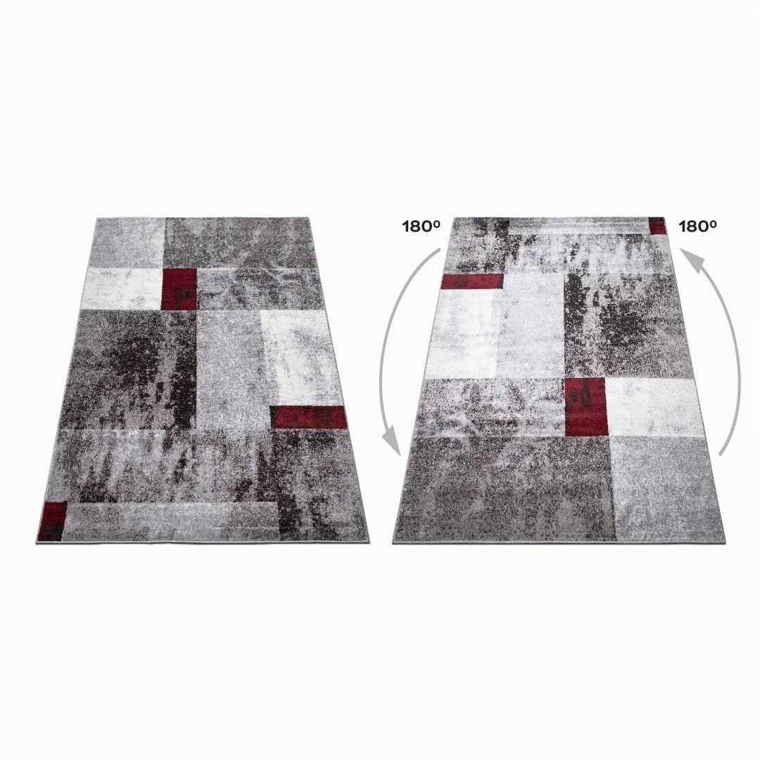 oKu-Tex Teppich Wohnzimmerteppich [80x150 cm] weicher Kurzflor grau rot meliert - Grauer Teppich für das Wohnzimmer - Carpet Living Room - geometrisches Patchwork Design - Deutsche Marke