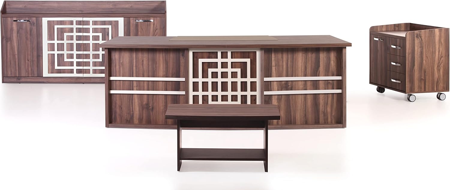 87" Wood Office Furniture Set of 4pcs | Executive Desk w/Leather Pad | Rolling File Drawers w/Wheels & Telescopic Rails | Storage Cabinet w/Chrome Handles | Coffee Table | Modern Home Suite