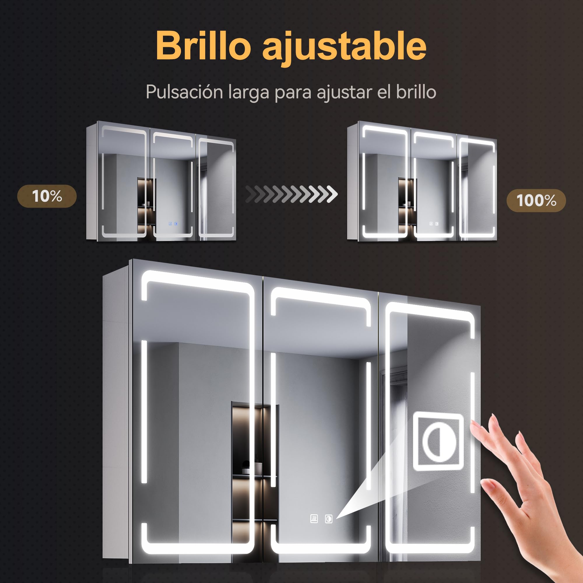 SONNI Armario Baño Espejo con Iluminación LED, Mueble Espejo Baño LED Antivaho Regulable en 3 Colores, Armario con Espejo de 3 Puertas con Bisagra Inalámbrica 90x60x14cm
