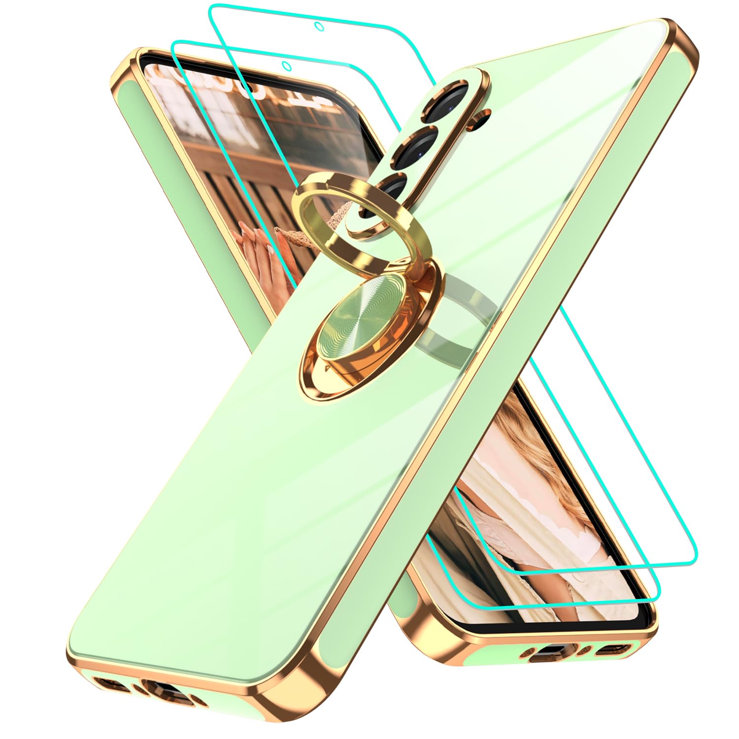 Gritup für Samsung Galaxy A36 Hülle mit 2 Stück HD-Bildschirmschutz und eingebaute Ring Kickstand Handyhülle,TPU Silikon Galvanik Stoßfest Schutzhülle Cover for A 3 6 5G, Erbsengrün