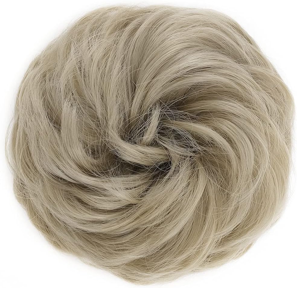 Scrunchy Scrunchie Hair Bun Extensions - Updo Hairpiece, Wavy Curly Messy Donut Hair Chignons - Ash Blonde - Image 3