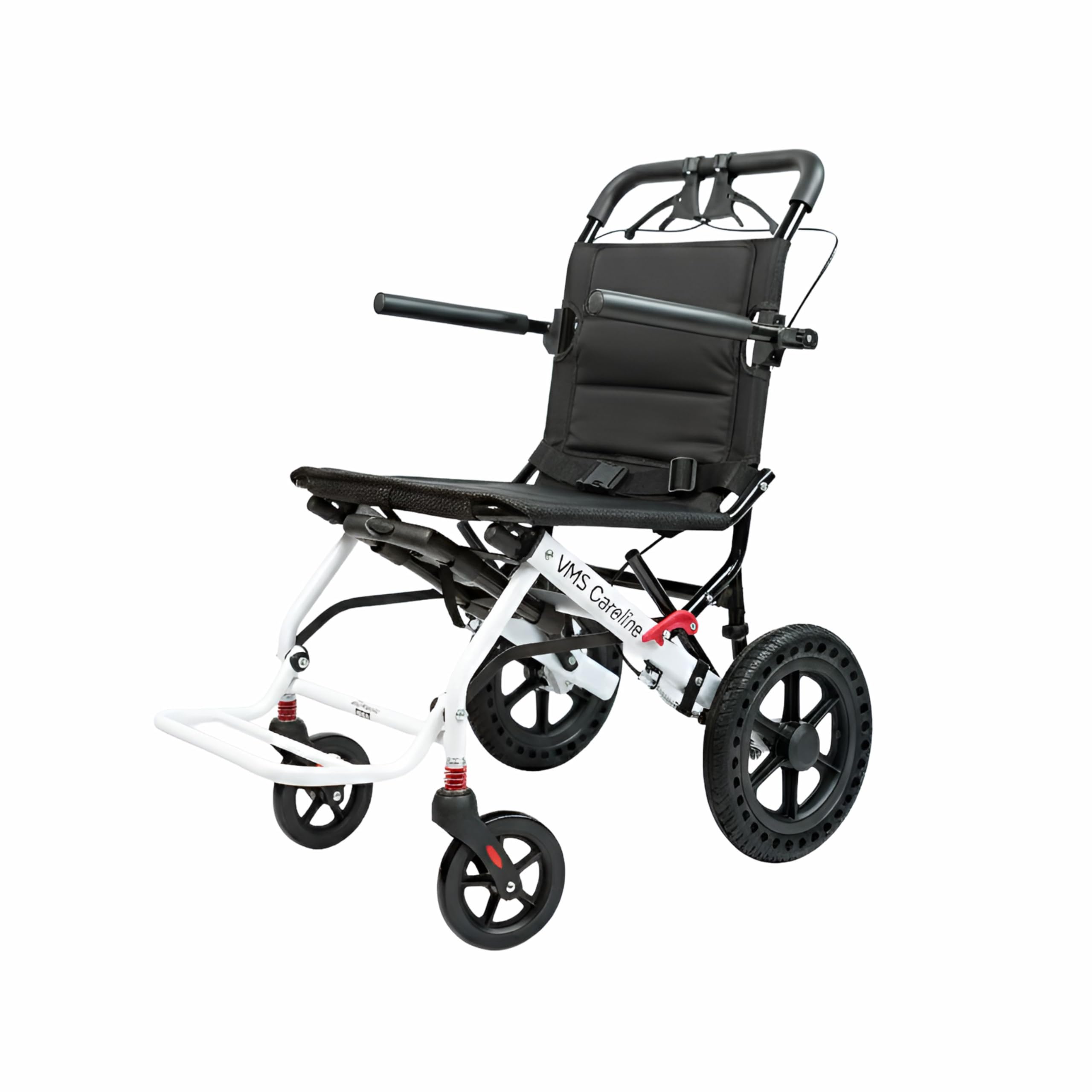 VMS Careline Airlite Lightweight Foldable Travel Wheelchair | Portable Transit Wheelchair for Elderly & Patients | 9.8kg Steel Frame | 12" Honeycomb Wheels | Attendant Brakes & Seat Belt | 100kg Capacity