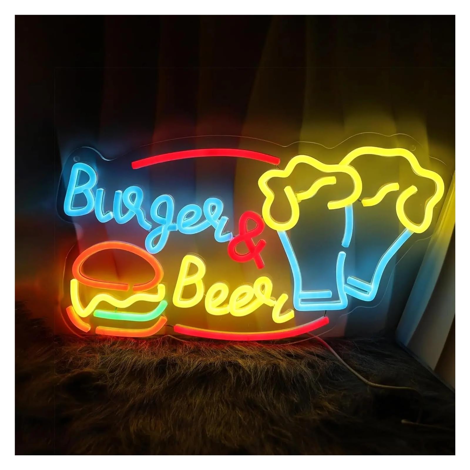 XENITE Hanging Art Neon Signs Burger&Beer Neon Signs Dimmable USB Powered Light for Fast Food Restaurants Wall Decoration 23cm×43cm