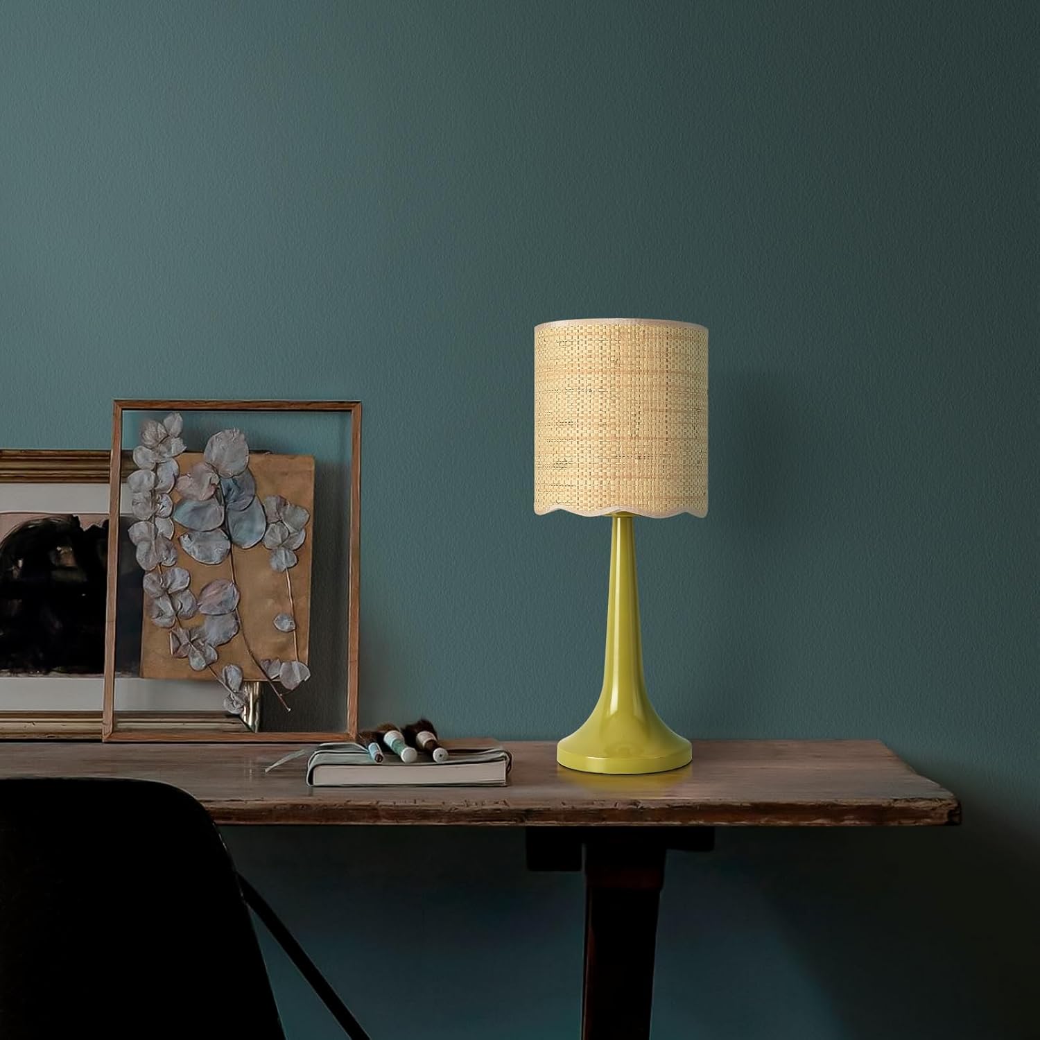 Green Rattan Small Table Lamp for Bedroom, Green Bedroom Lamps for Bedside Nightstand, Small Rattan Shade Table Shape Lamps for Small Spaces for Kitchen Counter, Home Office, Living Room, Kids Dorm