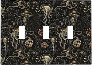 Decorative Switch Plate Covers Black Gold Jellyfish Squid Deep Sea Creatures 3 Gang Light Switch Cover Plate Triple Toggle Wall Plate Light Switch Covers for Bedroom Home Decor