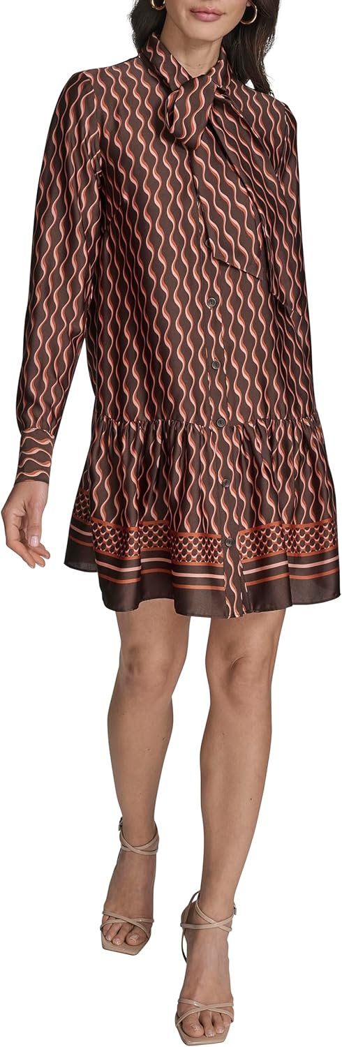 BCBG Womens Long Sleeve Collared Tie Neck Ruffle Trim Mini Dress - Image 2