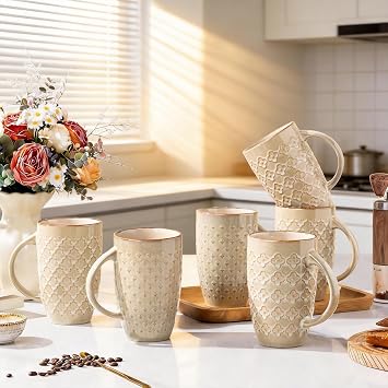 AmorArc Large Coffee Mugs Set of 6, 20oz Ceramic Tall Coffee Mugs Set with Textured Patterns for Coffee/Tea/Beer/Hot Cocoa, Dishwasher & Microwave Safe-Pale khaki