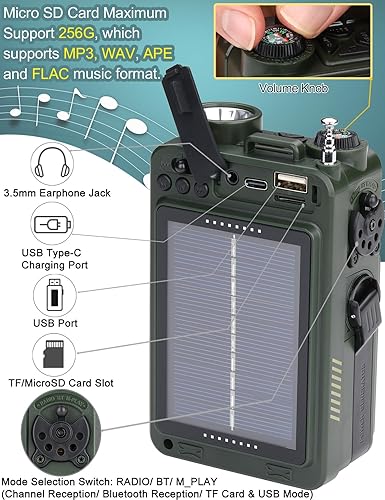 Miniatura 6 de ZHIWHIS Radio de onda corta con Bluetooth, radios de emergencia meteorológica AMFMSWNOAA, manivelasolar4000mAhSOSruido blancobajolinternareceptor